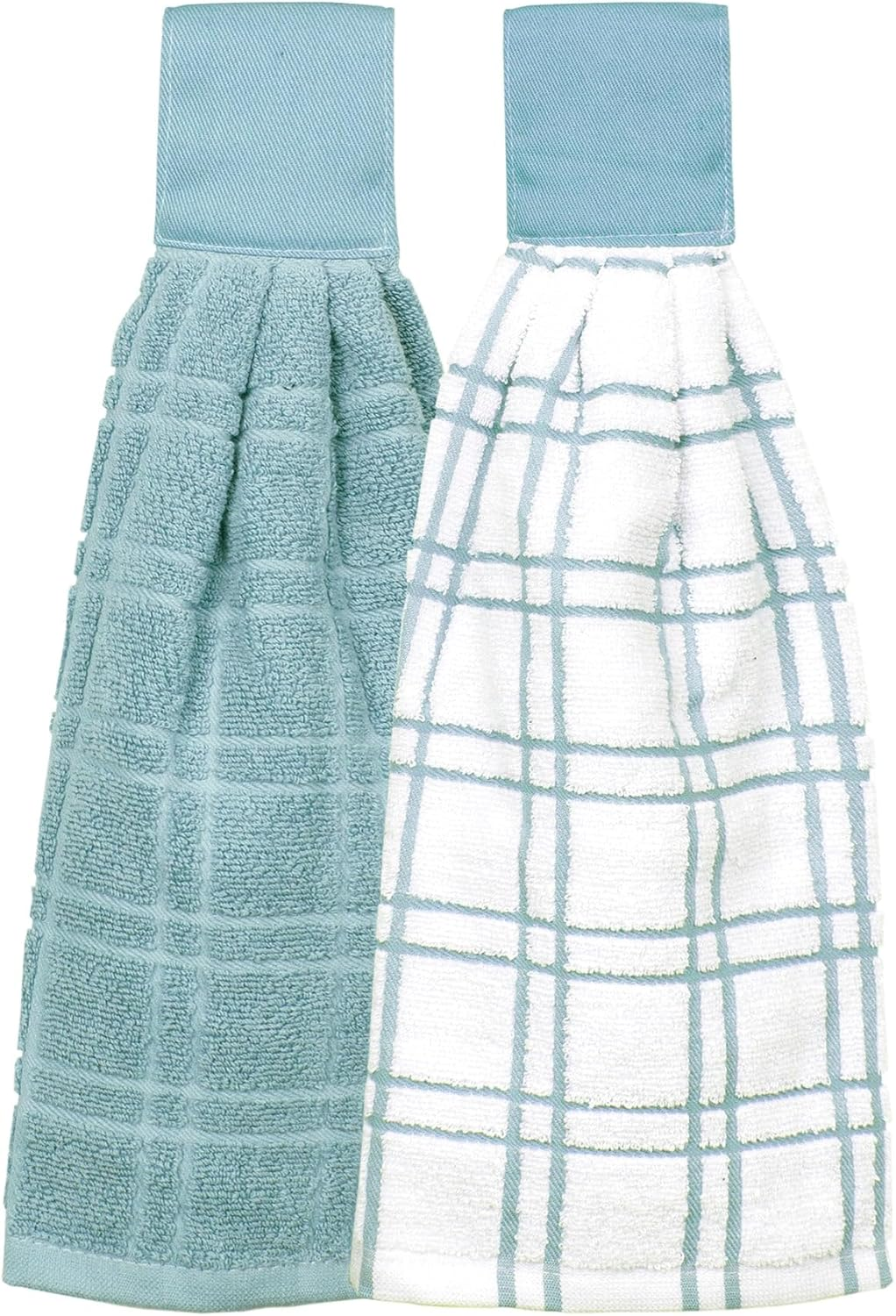 Ritz Premium 100% Cotton Solid and Multi Check Kitchen Tie Towel, Absorbent, Super Soft, and Fast Drying Hang Towel, Set of Two, Cactus Green