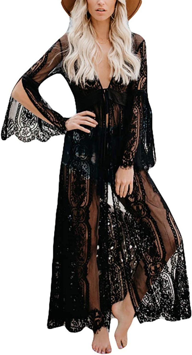 Bsubseach Women Sexy Lace Crochet Open Front Swimsuit Beach Long Kimono Cover Ups - B-White image number 2