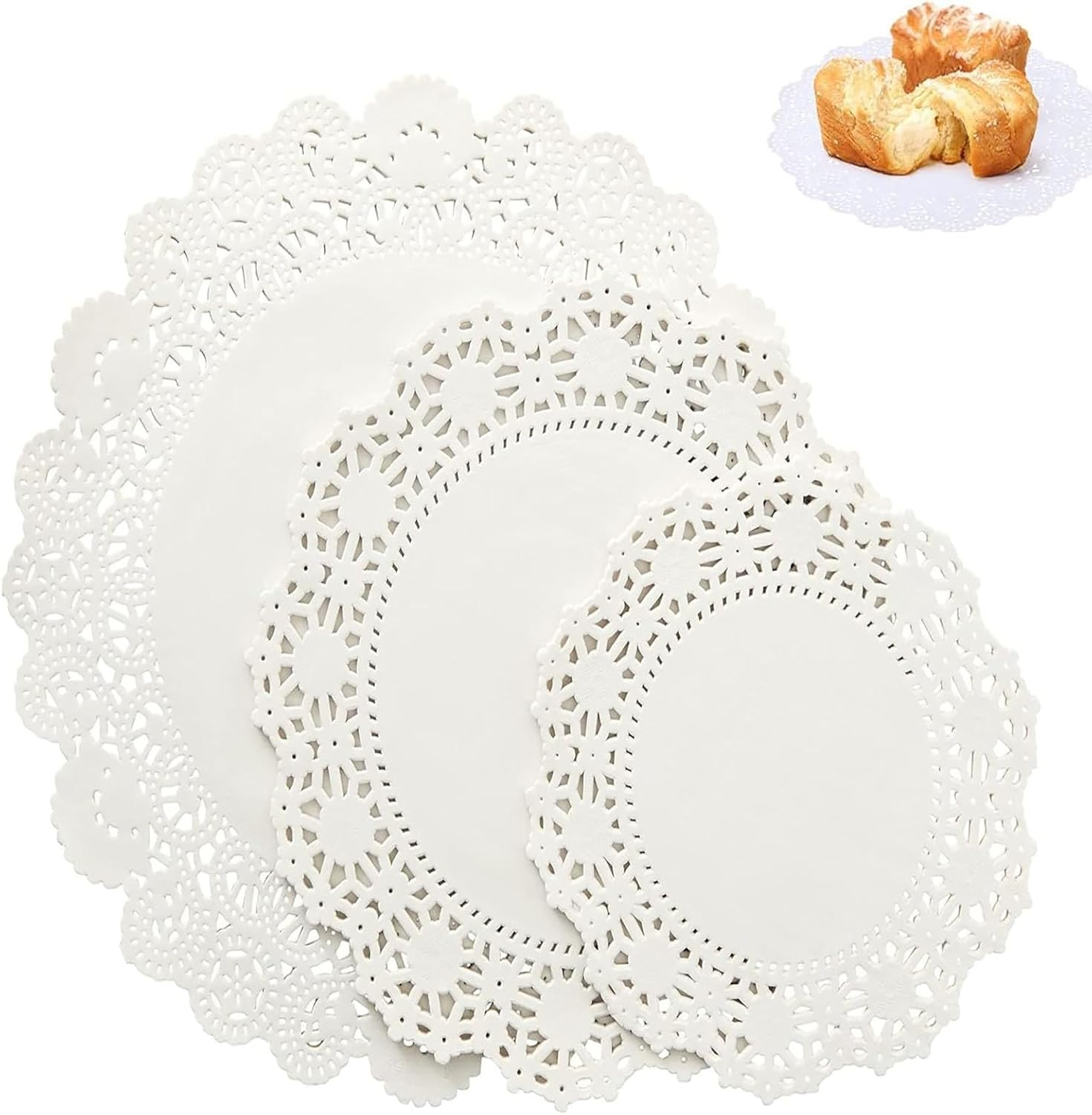 SYGELER 150 Pack White Paper Doilies,Lace Paper Placemat for Cake, Food, Dessert -Elegant， Disposable Lace Paper Doilies for Any Occasion(16.5Cm, 21.6Cm, 26.7Cm) image number 4