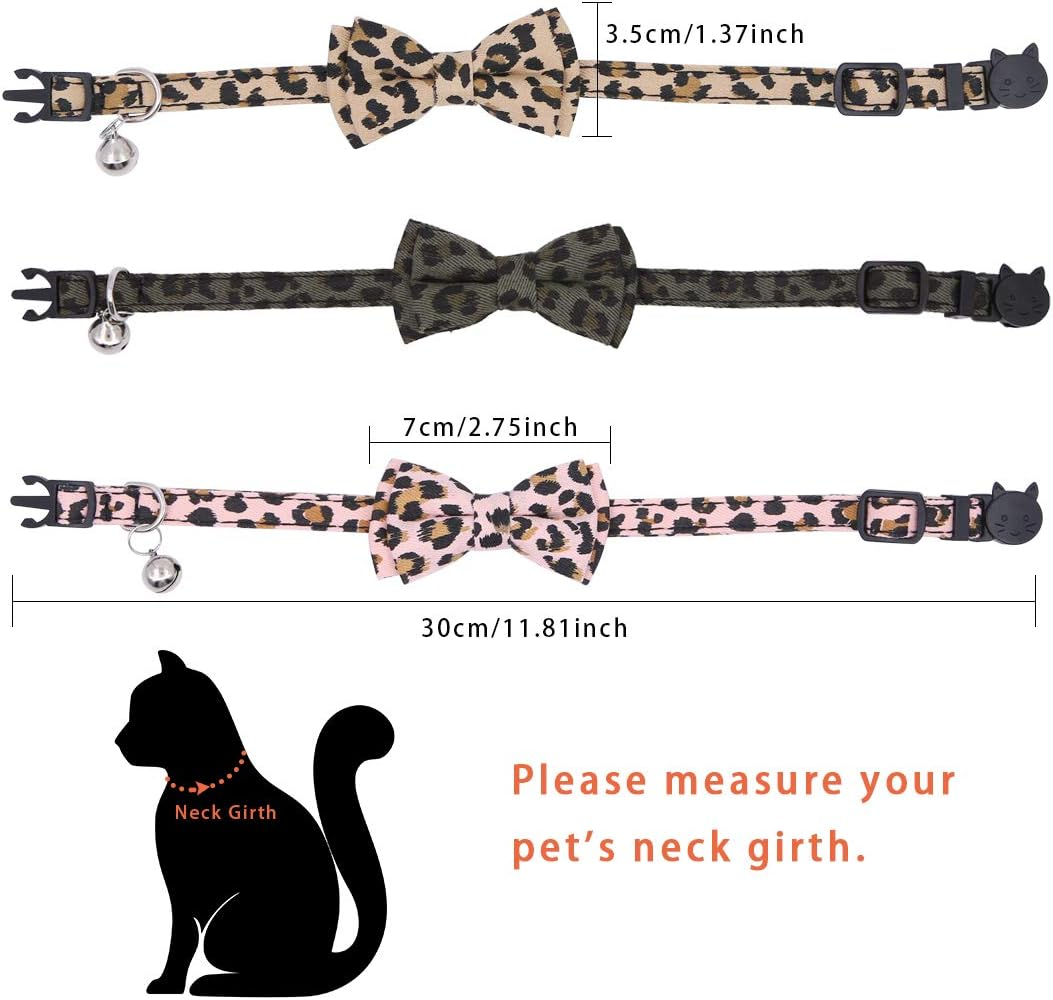 Boerni 3 Pack Cat Collars, Cute Kitten Collars, Pet Bow Tie, Leopard Print, Adjustable, Anti-Loss Bell, 20-23Cm, Pink