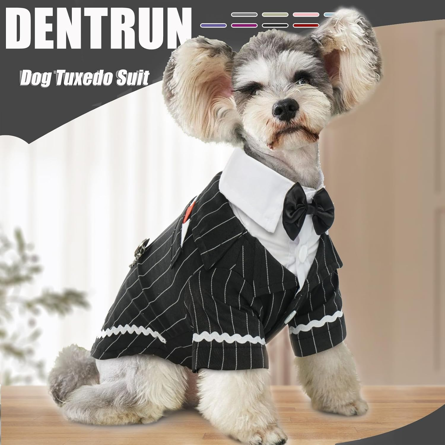DENTRUN Dog Tuxedo Suit with Bow Tie - Formal Black & White Striped Pet Costume Shirt, Elegant Wedding Outfit Birthday Party Attire for Chihuahua Yorkie Shih Tzu Pomeranian Small Dogs, S image number 1