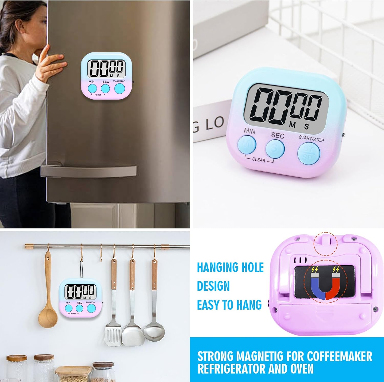 Kitchen Timer,2 Piece Multi-Function Electronic Timer,H HOME-MART Magnetic Digital Timers Big LCD Display the Loud/Silent Switch Countdown Timer (Gradient Blue Purple(2 Pack)) - Gradient Pink Blue(2 Pack) image number 7