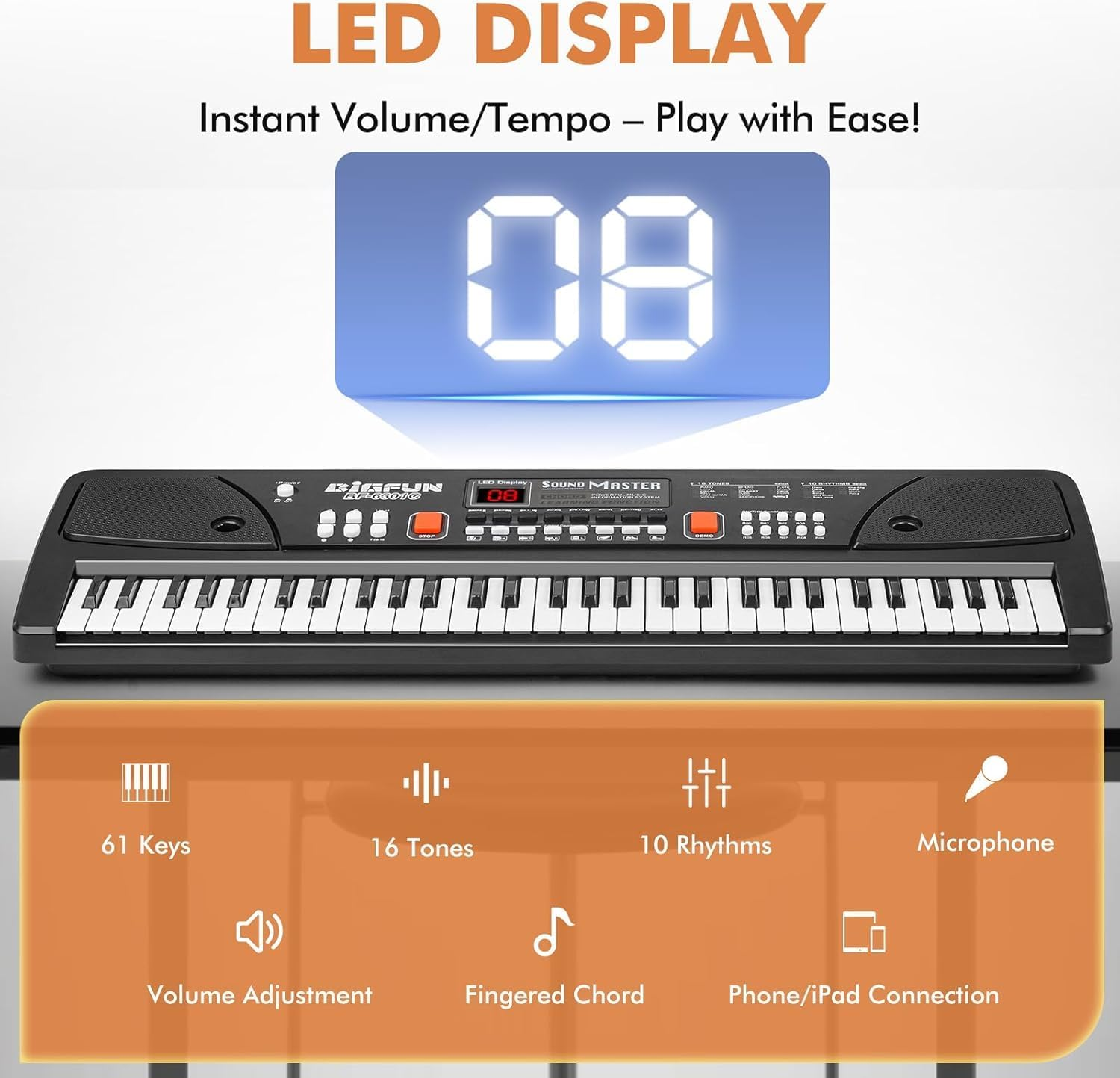 61-Key Kids Piano Keyboard for Beginners - Rechargeable Electronic Music Toy Piano with Music Stand Microphone LED Display AUX in - Birthday for 3-9 Year Old Boys Girls (Black) image number 2