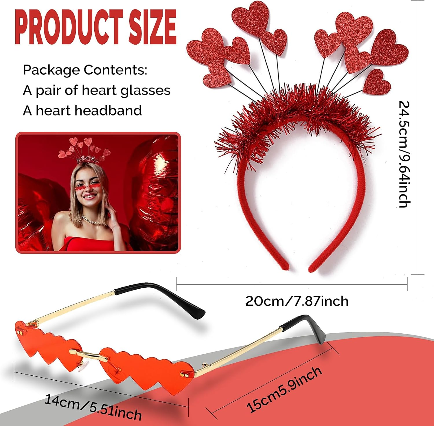 HXUING Heart Headband Glitter with Heart Shape Glasses, Heart-Shaped Headband, Heart Headband, Red Sequins, Heart Headband, Party Glasses, Hair Bands, Hair Accessories for Valentine'S Day, Wedding, image number 5