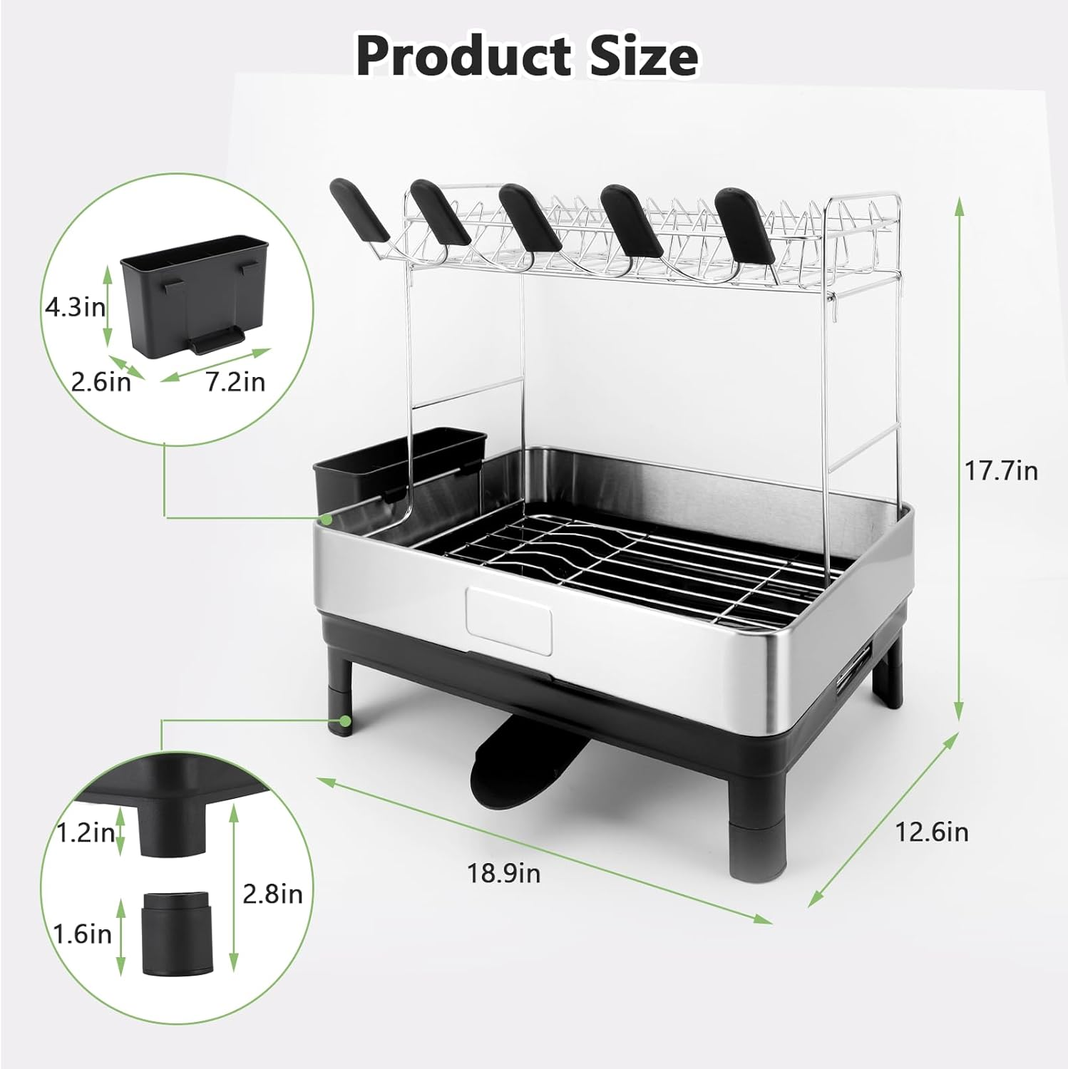 2 Tier Dish Drying Rack, 304 Stainless Steel Dish Drainer for Kitchen Counter, Extra Large Dish Rack with 360&deg; Rotatable Drain Spout & Cup Holder image number 3