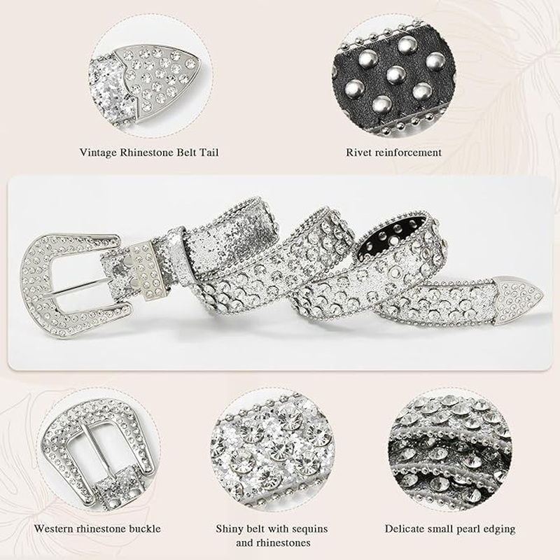 Rhinestone Belt for Women Men - Western Cowgirl Sequin Diamond Bling Studded Belts for Jeans Pants