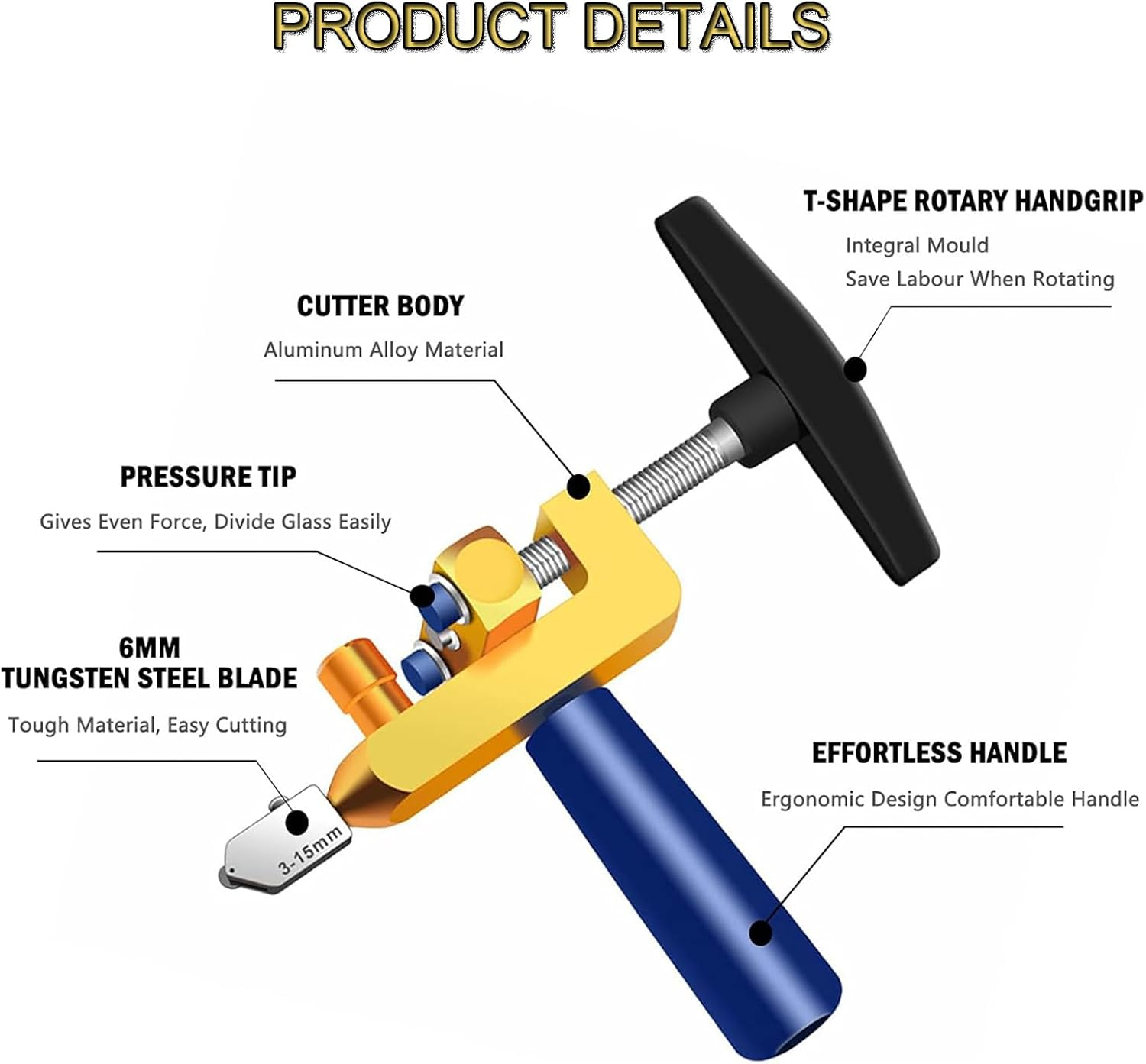 2 in 1 Manual Tile Cutter, Glass Tile Cutter Hand Tool with Glass Breaking Pliers, Mirror Cutting Kit with 3 Tungsten Steel Blade for Home DIY Cutting Glass, Mirror, Ceramic Tile, Glazed Tiles image number 3
