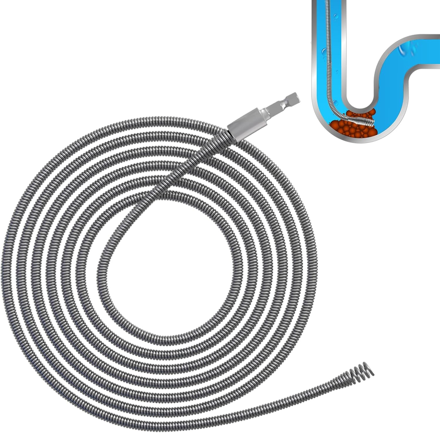 GYHMTOO Pipe Cleaning Spiral, Diameter 6 Mm, Drain Cleaner Spiral, Cleaning Spiral with Electric and Manual Adapters, Pipe Cleaner Spiral Pipe Cleaning Shaft, Efficient Pipe Spiral (6 Mm, 5 M) image number 1