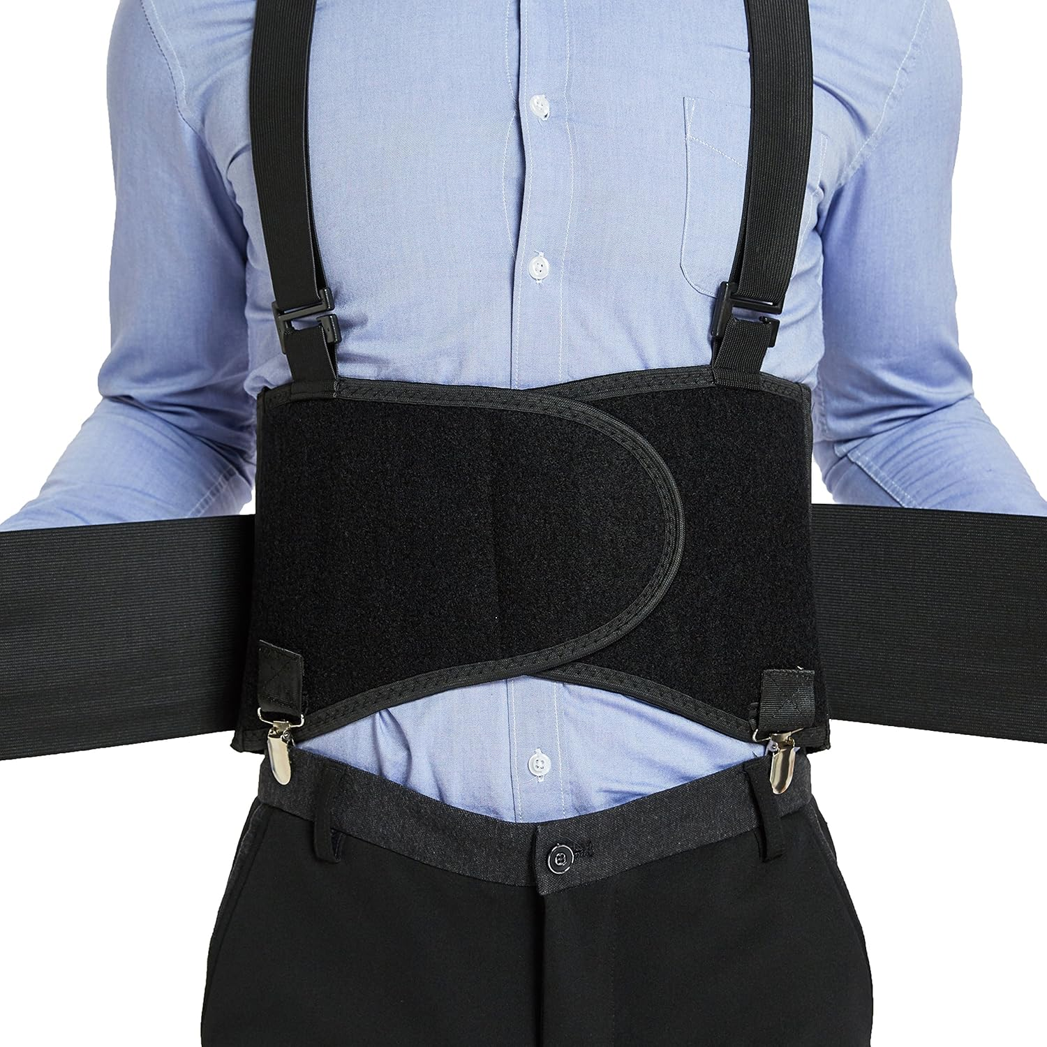 Back Support Belt with Detachable Suspenders & Removable Pants Clips - Lumbar Brace - Adjustable, Light, Breathable - Shoulder Holsters - Work, Posture - Neotech Care - Black - Size S image number 3
