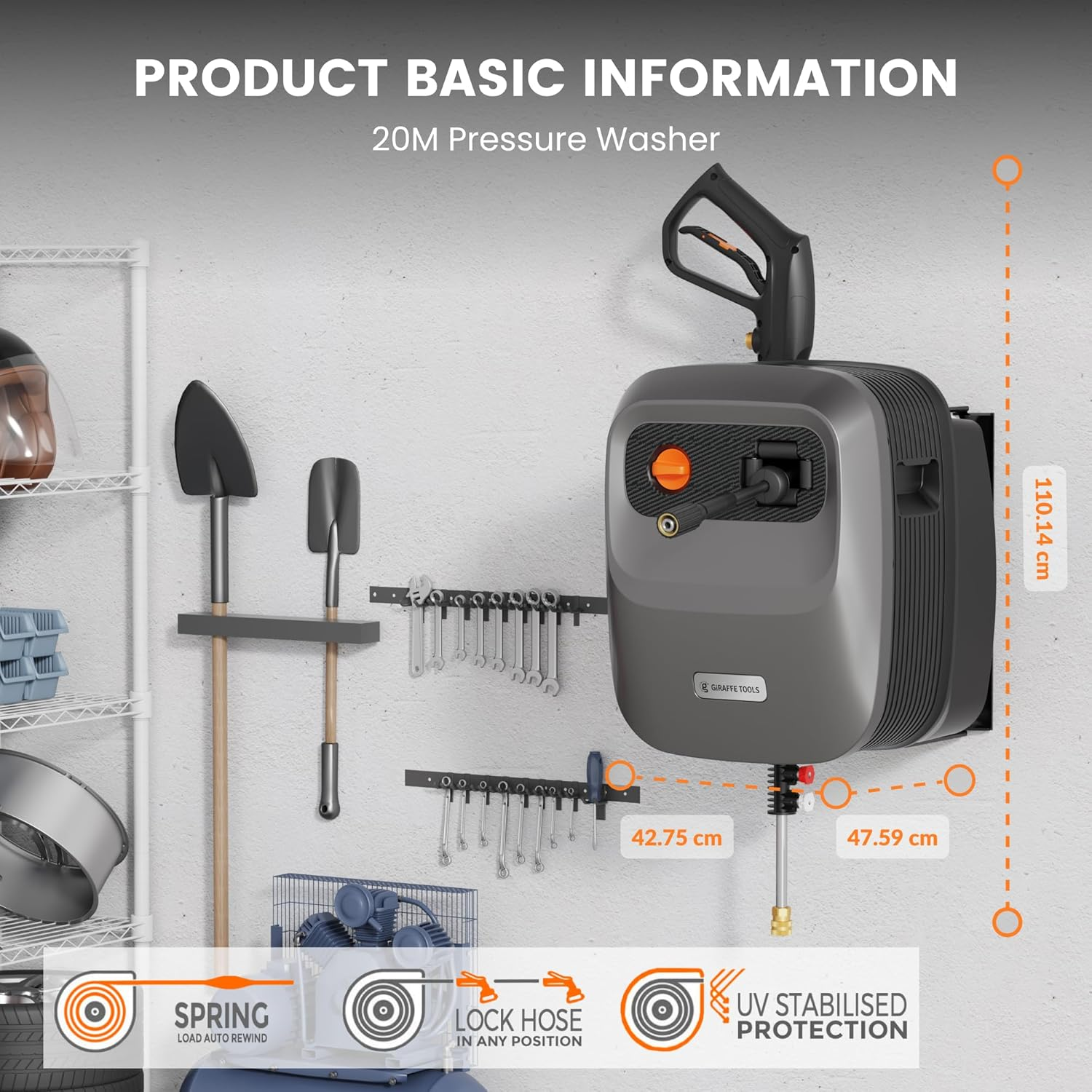 Giraffe Tools Grandfalls Pressure Washer G20B, Electric Wall Mounted Power Washer, 20 M Retractable Black Pressure Hose with 180&deg; Rotating Bracket, Max 2400 PSI, Dark Silver image number 4