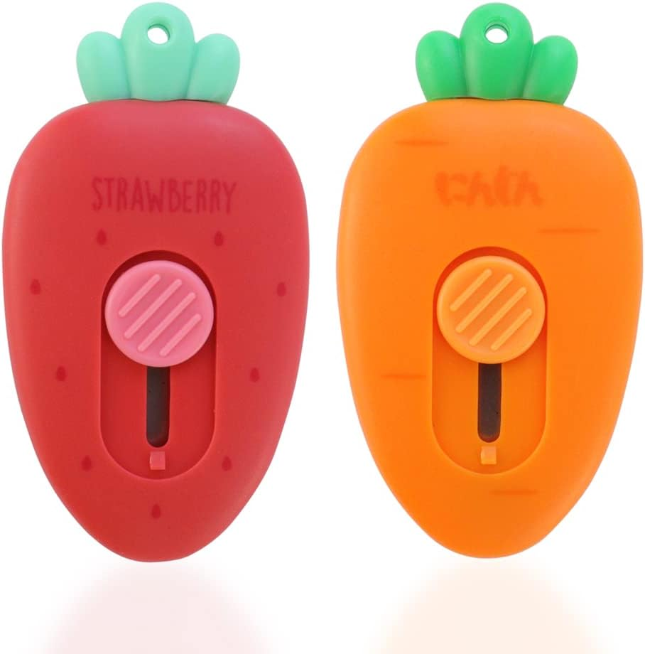 Hengke 2 Pack Mini Creative Carrot an Strawberry Shaped Art & Craft Cutter Retractable Box Letter Opener Portable Utility Knives Office School Stationery for Cutting Envelope Paper Cardboard image number 2