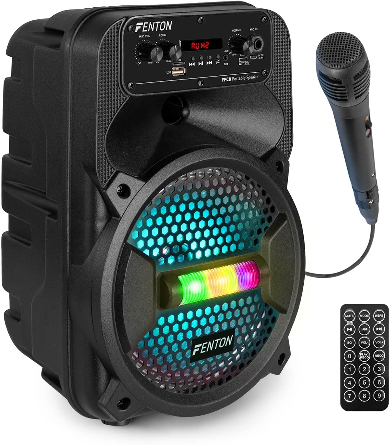 Fenton FPC8 Portable Wireless Bluetooth Party Speaker with LED RGB AUX Remote USB for Karaoke with Portable Battery