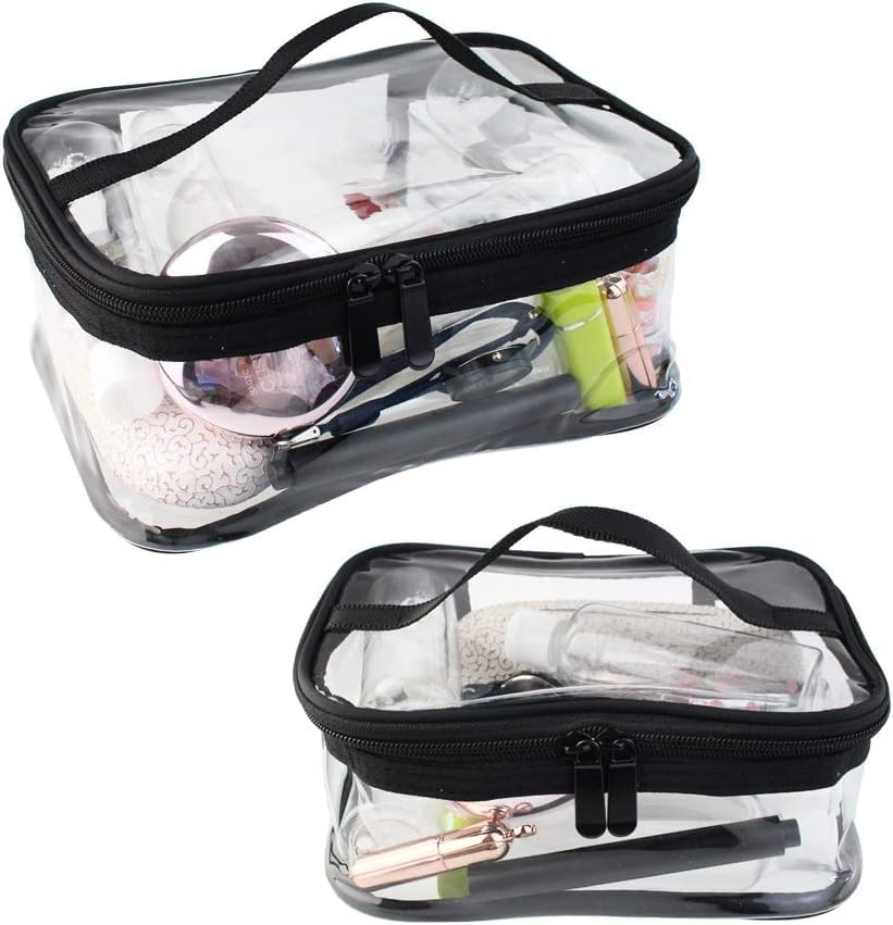 2 Pack Portable Clear Makeup Bag Zipper Waterproof Cosmetics Bag Transparent Travel Storage Carry Pouch PVC Zippered Toiletry Bag Organizers with Handle for Vacation Travel (Black, 23 * 17 * 11CM) image number 3