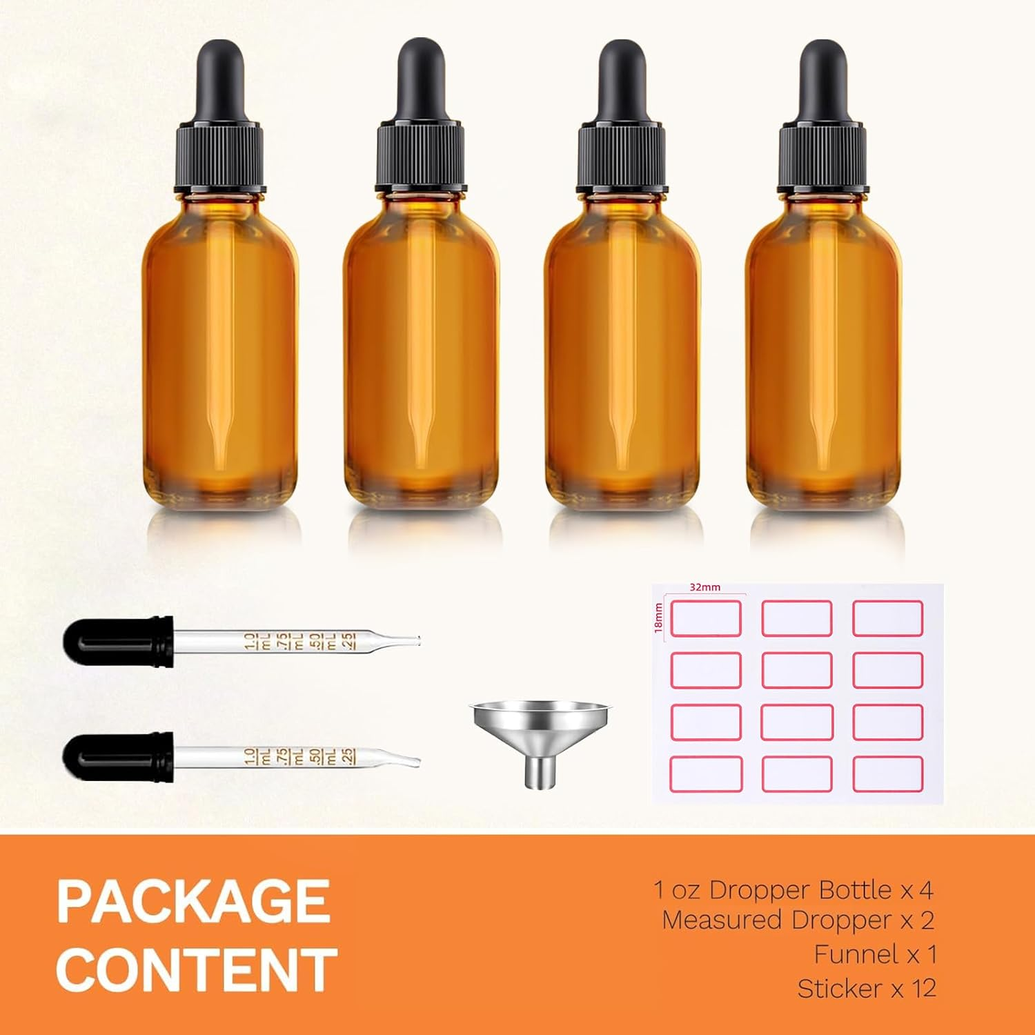 Weidllys 4 Pack,1 Oz Dropper Bottles with Funnels,Pipettes & Labels,30Ml Thick Dark Amber Glass Tincture Bottles with Eye Droppers, Leakproof