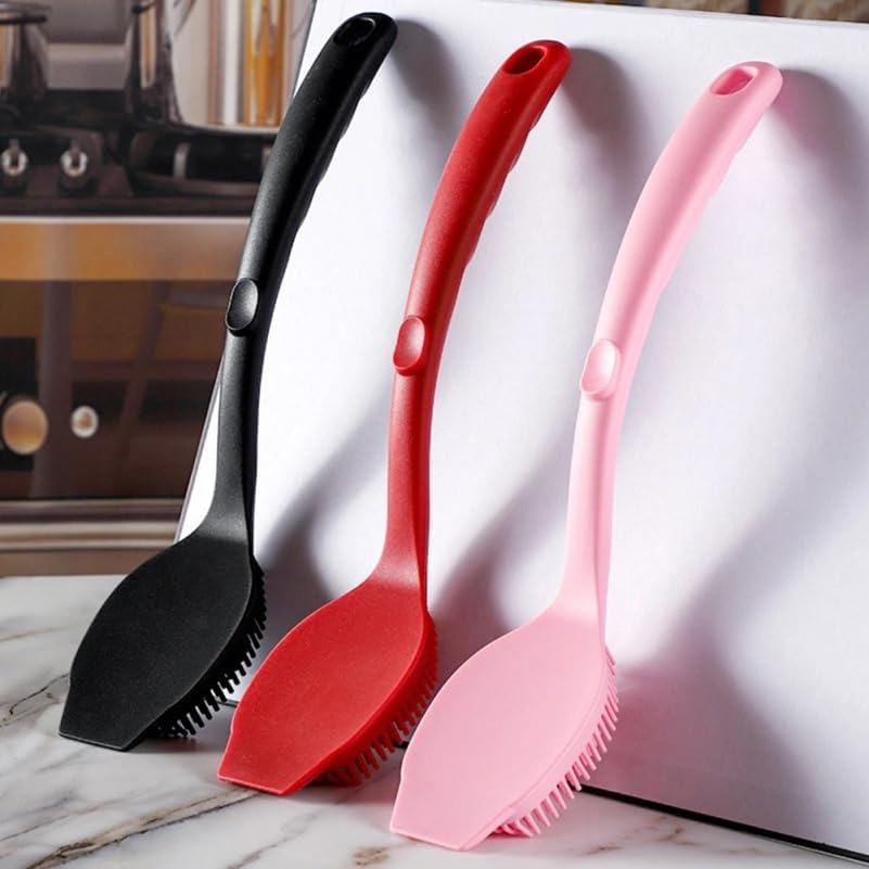 Operitacx Long Handle Silicone Dish Washing Brush for Kitchen Pots Pans and Sinks with Elastic Bristles and Hanging Loop Easy Storage - Red image number 6