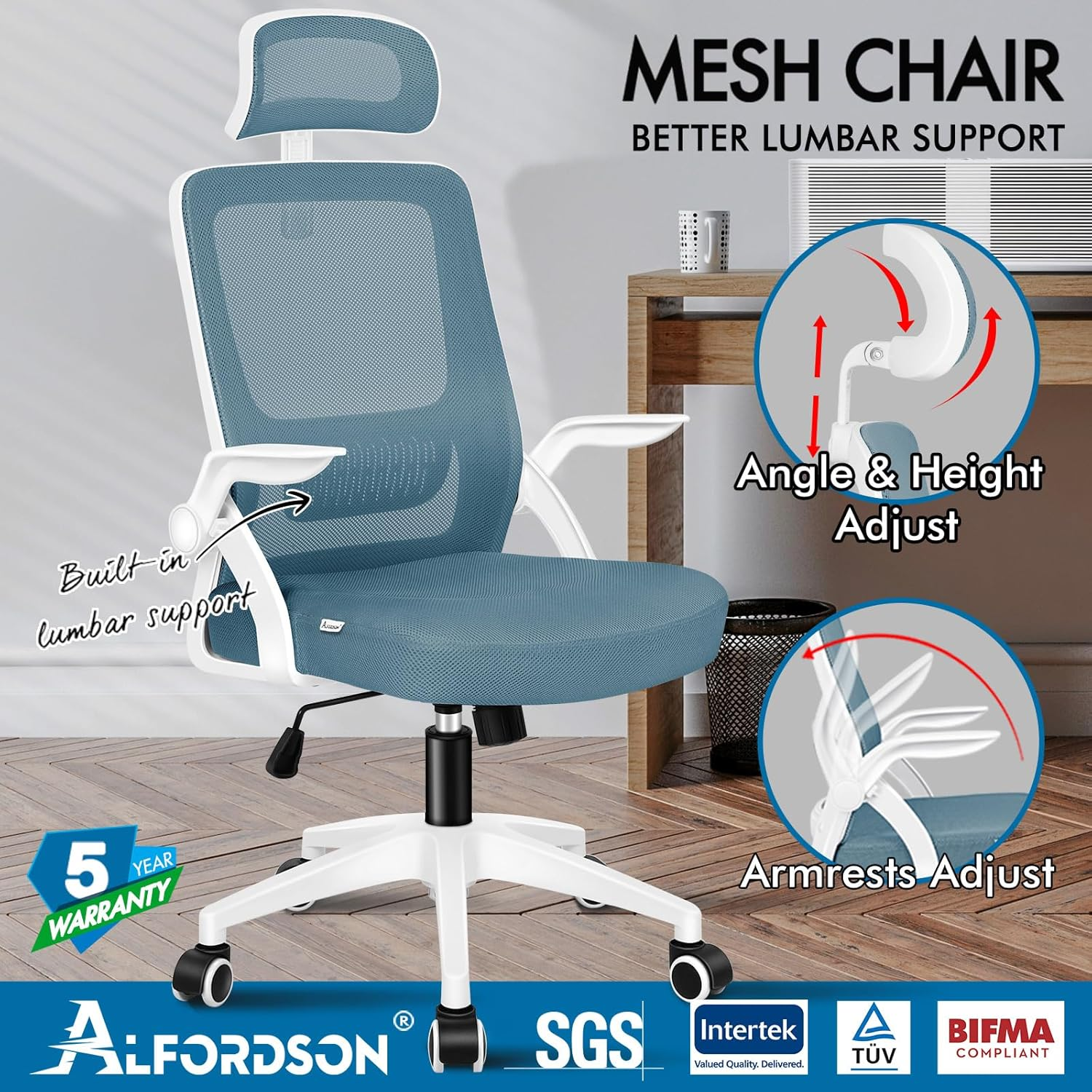 ALFORDSON Office Chair Mesh Computer Chair Swivel Executive Desk Chair with Adjustable Headrest and Armrest Arco Series(Blue) image number 6