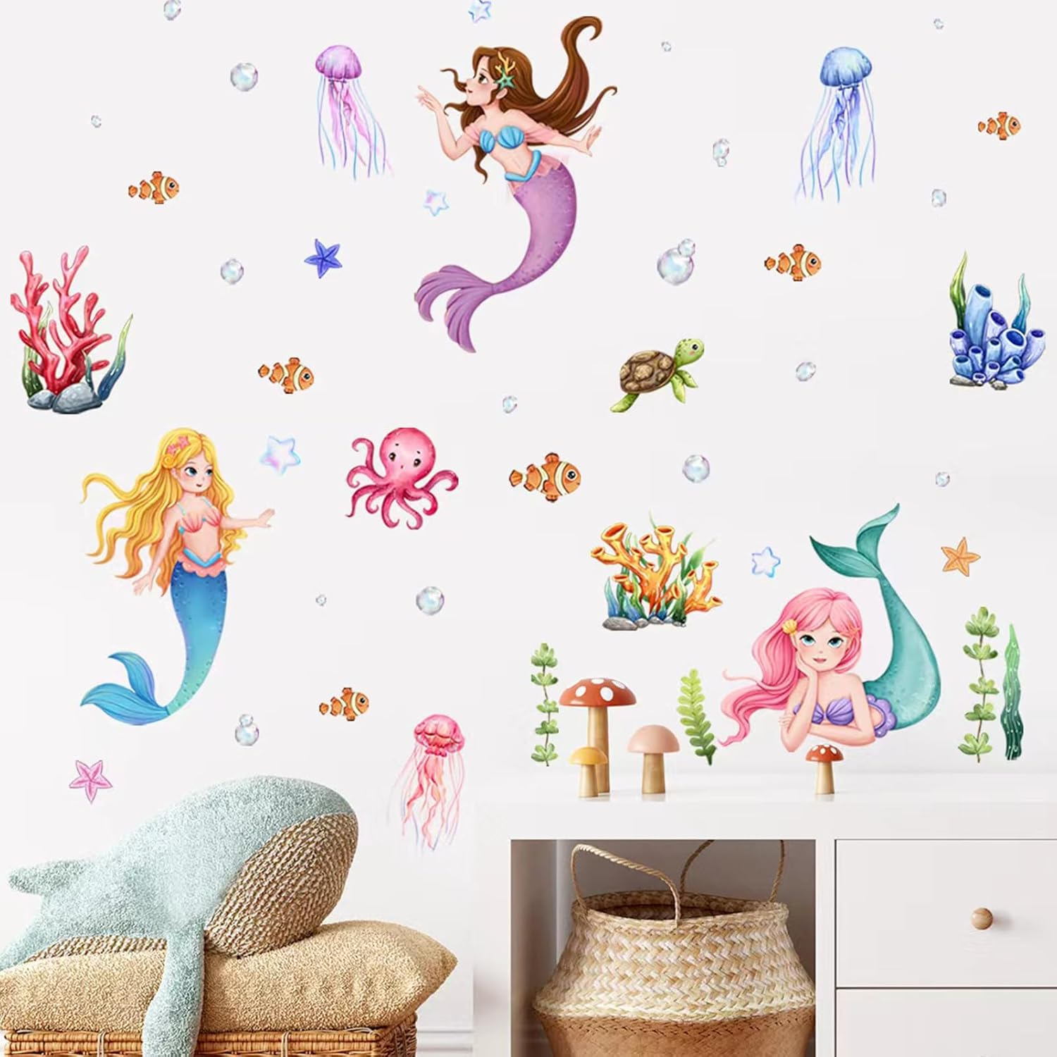 Underwater Mermaid Wall Decals, Ocean Theme Wall Decals Sea Creatures Turtle Wall Stickers Bathroom Girls Bedroom Baby Nursery Wall Decor image number 2