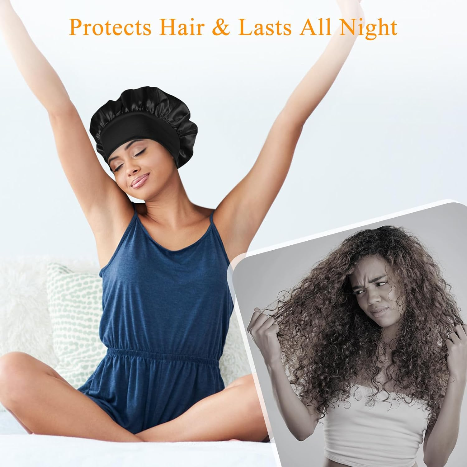 2 Pcs Silk Hair Wrap for Sleeping, Stain Bonnets Hair Bonnet with Wide Elastic Band, Soft Night Sleep Cap for Women Girls, Curly Hair Care Head Cover for Night Sleep (Black+Beige) - Black+Navy Blue image number 2