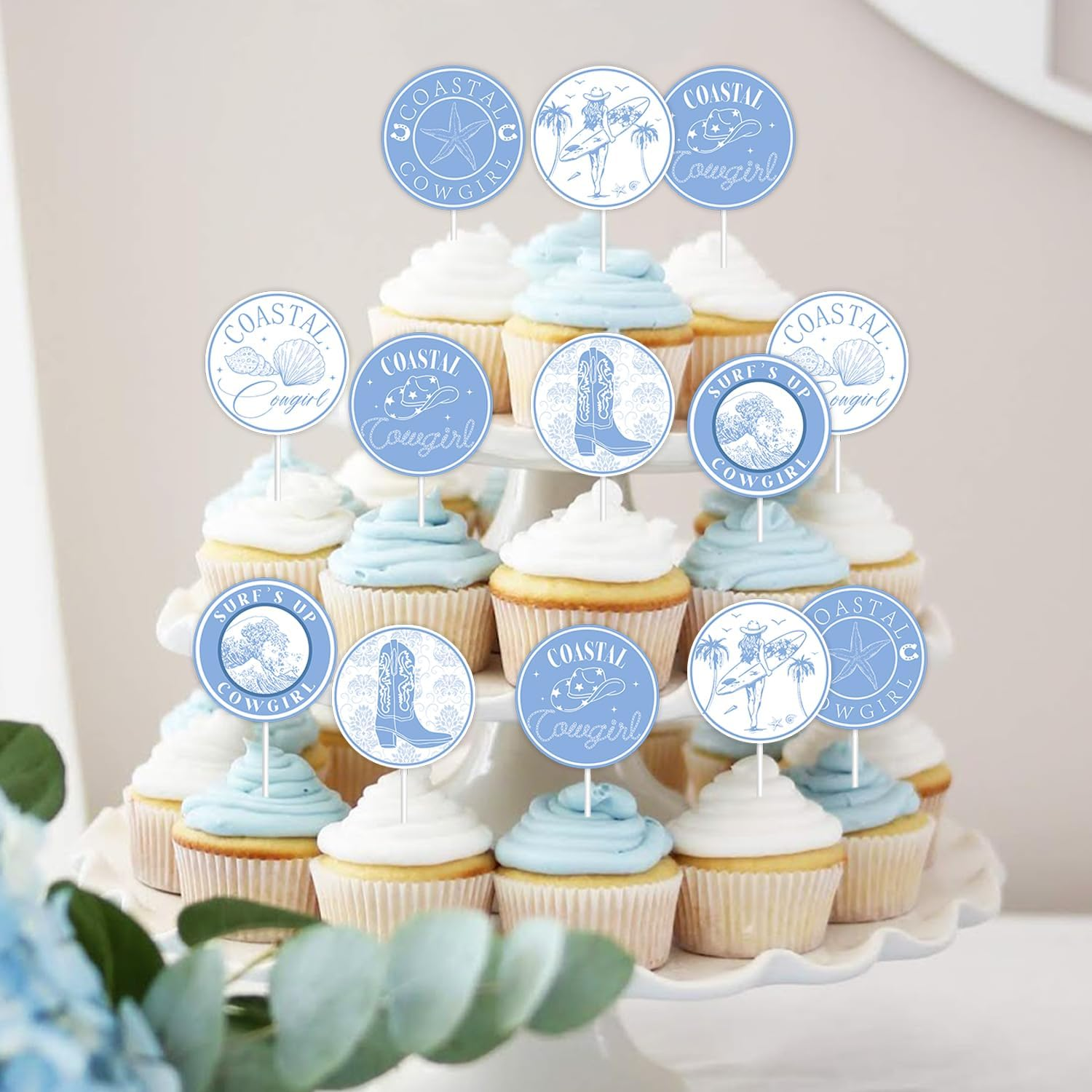 36Pcs Coastal Cowgirl Bachelorette Cupcake Toppers Nautical Bridal Shower Decorations Blue Boots Hats Shells Palm Cake Decorations for Cowgirl Bachelorette Engagement Bridal Shower Party Supplies image number 5