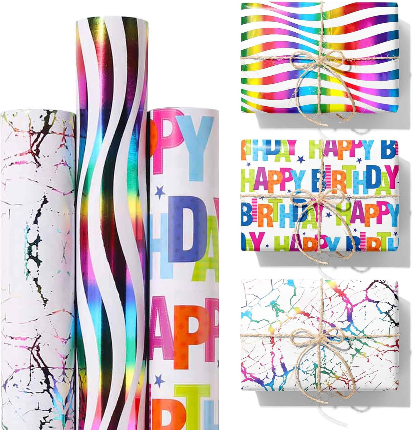 3 Rolls Birthday Wrapping Paper Roll - 17 in X 120 in per Roll - Sparkly Rainbow Holographic Wrapping Paper for Girls Kids Birthday Gift Wrap image number 2