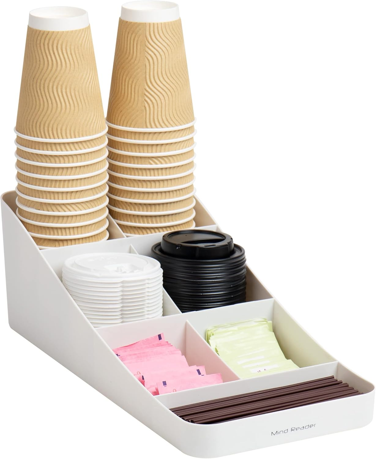 Mind Reader 7 Compartment Coffee Condiment, Cups, Lids, Sugars, Stirrers,Storage Organizer, White image number 6