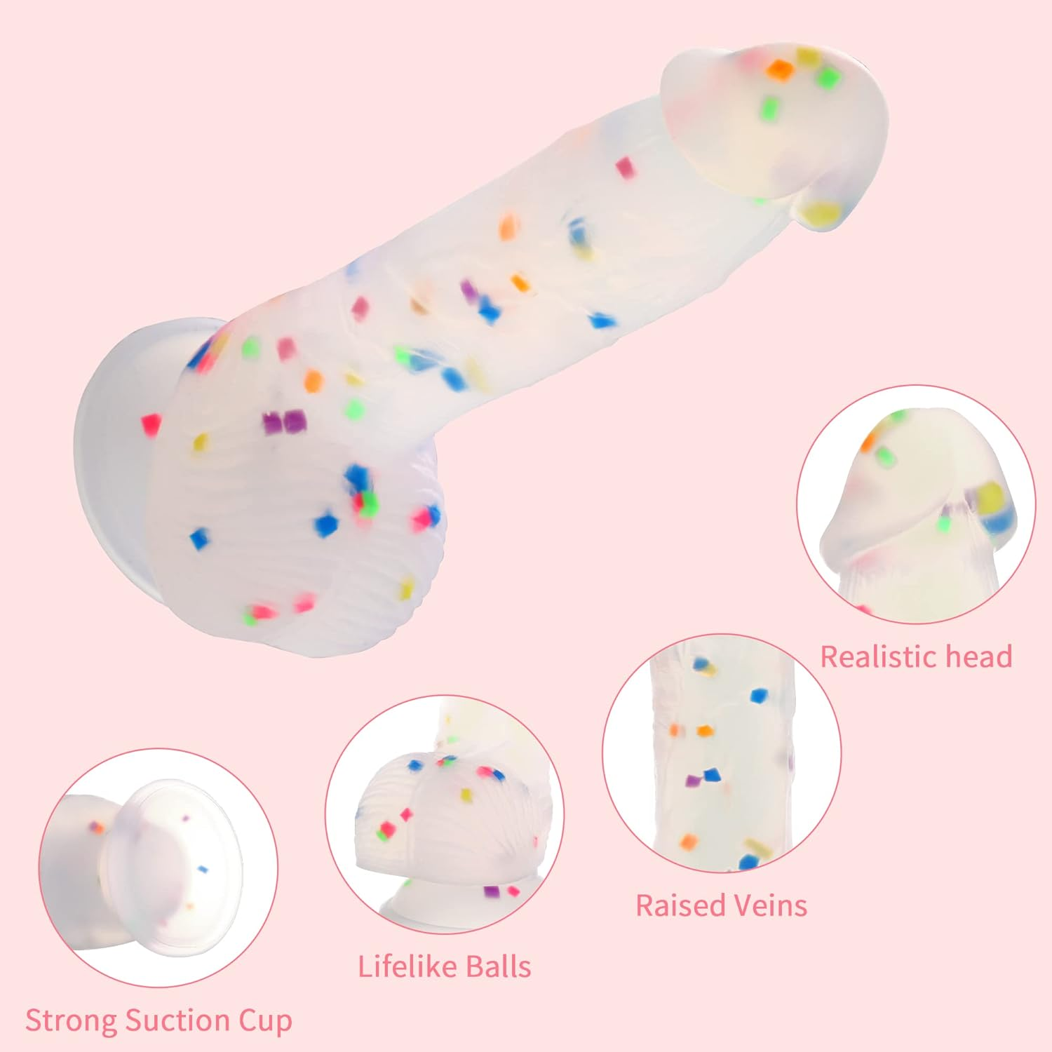 7.7 Inch Confetti Clear Silicone Dildo with Flared Suction Cup Base for Hands-Free Play, Flexible Dildo with Curved Shaft and Balls for Vaginal G-Spot and Prostate&hellip; image number 5
