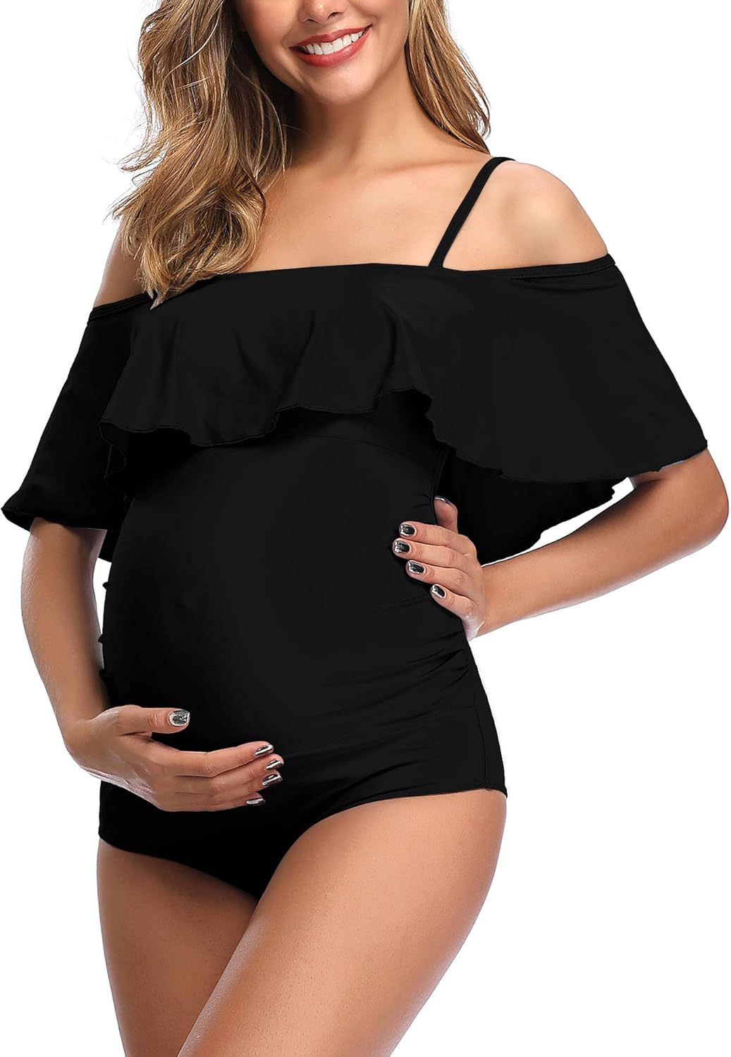 Summer Mae Women'S Maternity Tummy Control Swimsuit Ribbed One Piece Bathing Suit Button Neck Swimwear image number 2