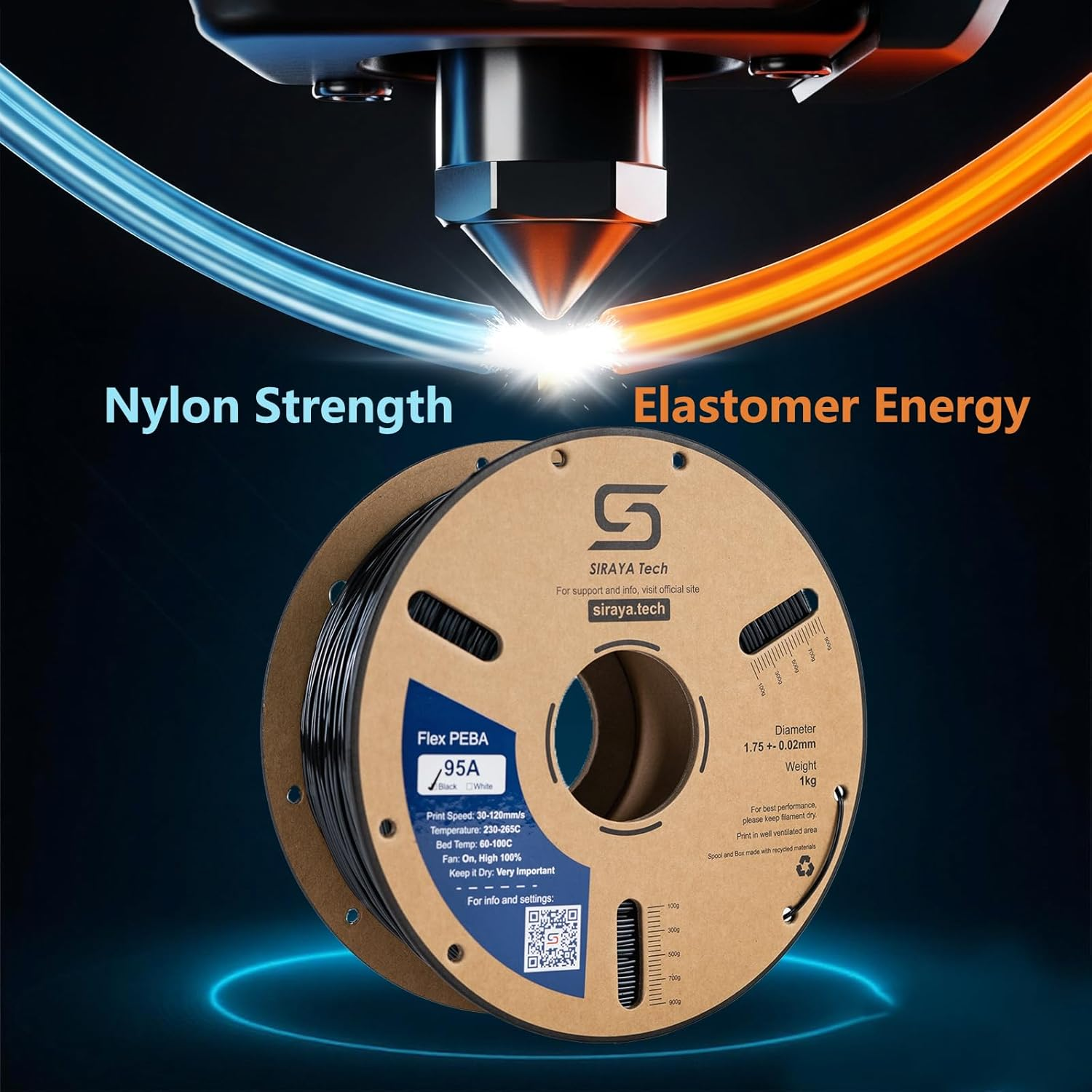 Siraya Tech Rebound PEBA 95A Flexible Filament, the Super TPU | 78% Energy Return & 20% Lighter | Nylon-Based Strength for Sports & Robotics | 1.75Mm 3D Printer Filament (Black, 800G) image number 1