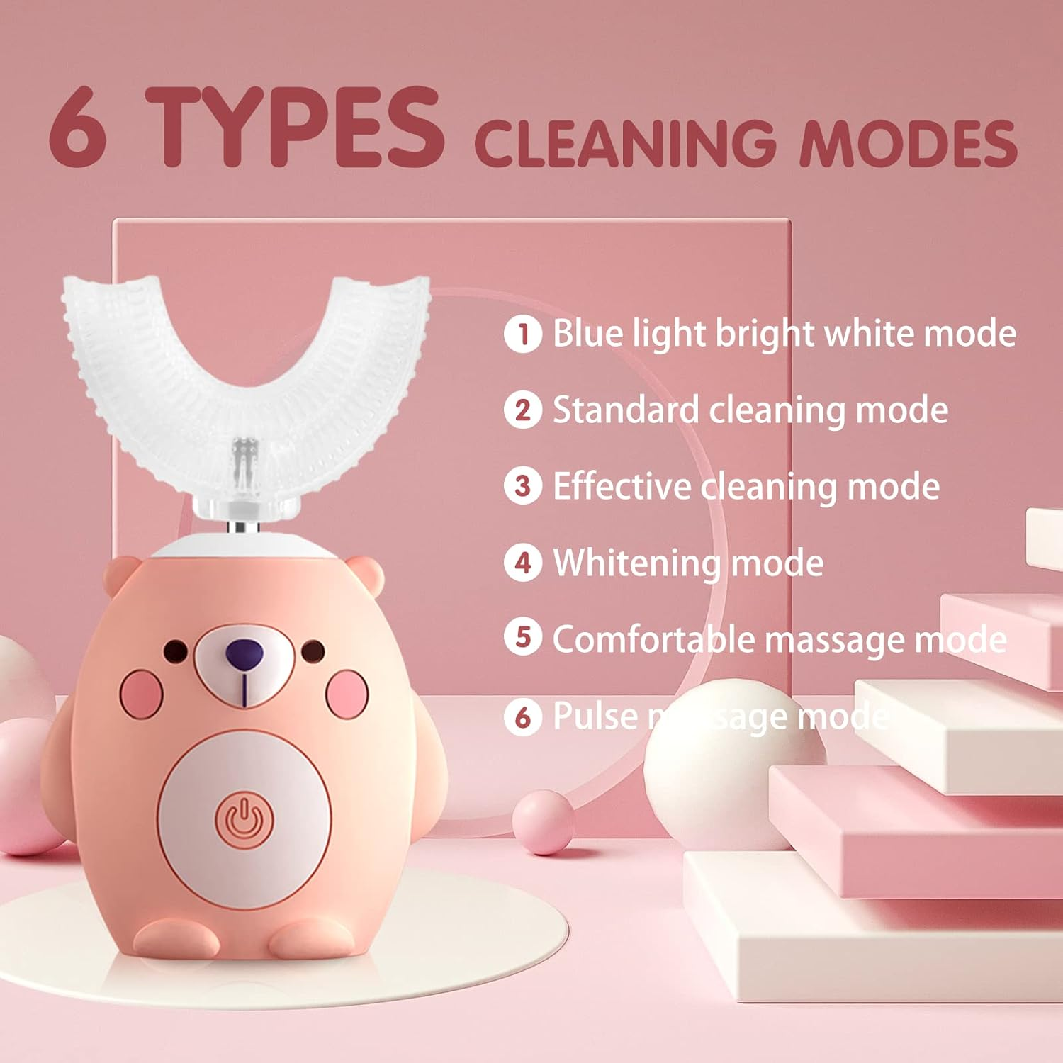 KORNIFUL U Shaped Electric Toothbrush for Age 2-12 Kids, Whole Mouth Toddlers Toothbrush with 6 Brushing Modes, U Shaped Toothbrush of 360&deg; Oral Cleaning for Girl 2-15 Years Old, Little Bear, Pink image number 1