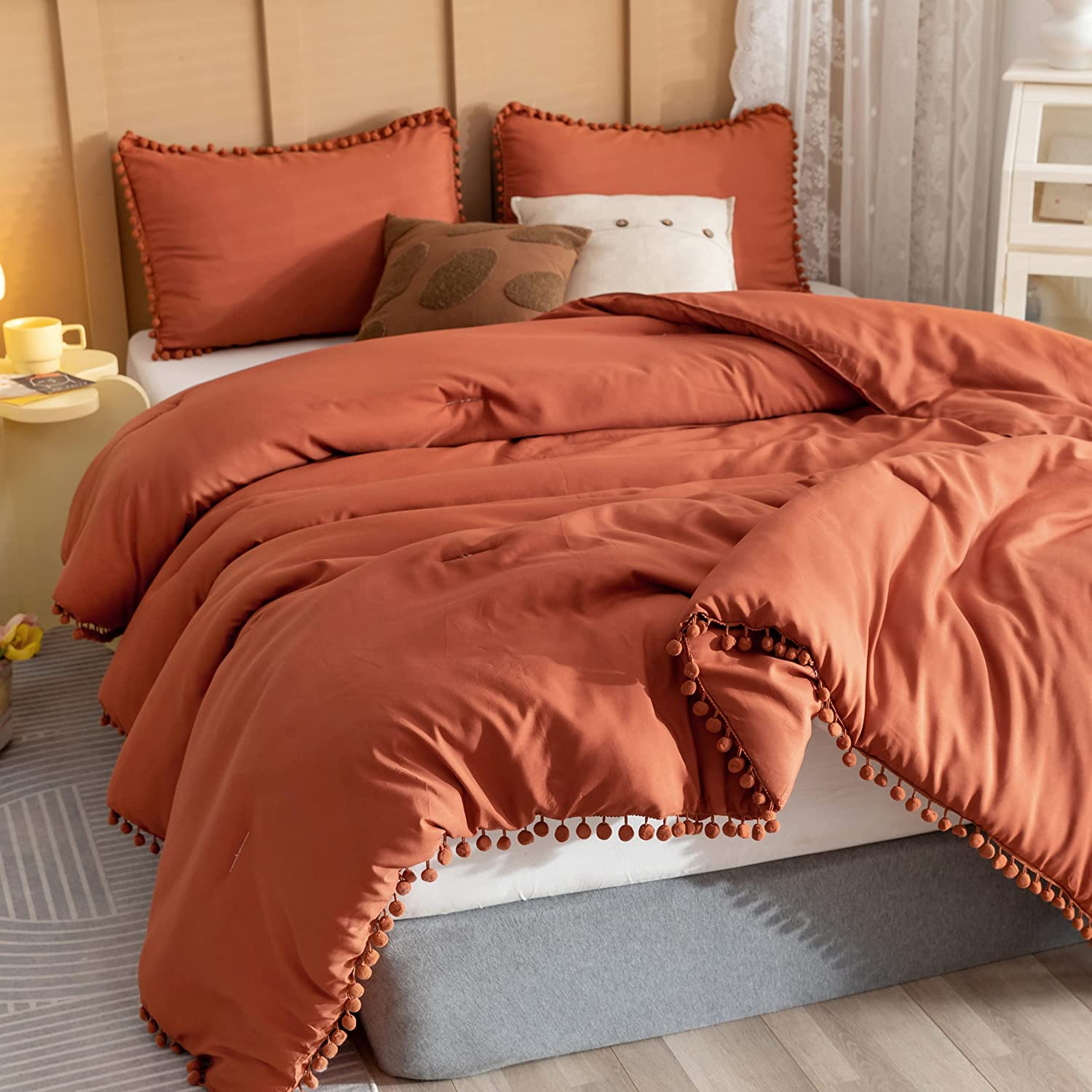 YIRDDEO Terracotta Queen Comforter Set 3Pcs Boho Ball Pom Bedding Aesthetic Burnt Orange Comforter Queen Sized Comforter Sets Rust Bed Setsolid Color for Women Men (1 Comforter 2 Pillowcases) image number 5