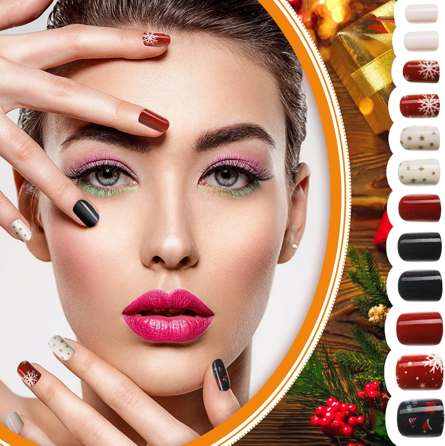 Kacctyen 384Pcs 16Pack Christmas Press on Nails Winter Square Short Red Fake Nails with Santa Elk Snowflake Pattern Glue on for Women Girls(Cute Pattern)