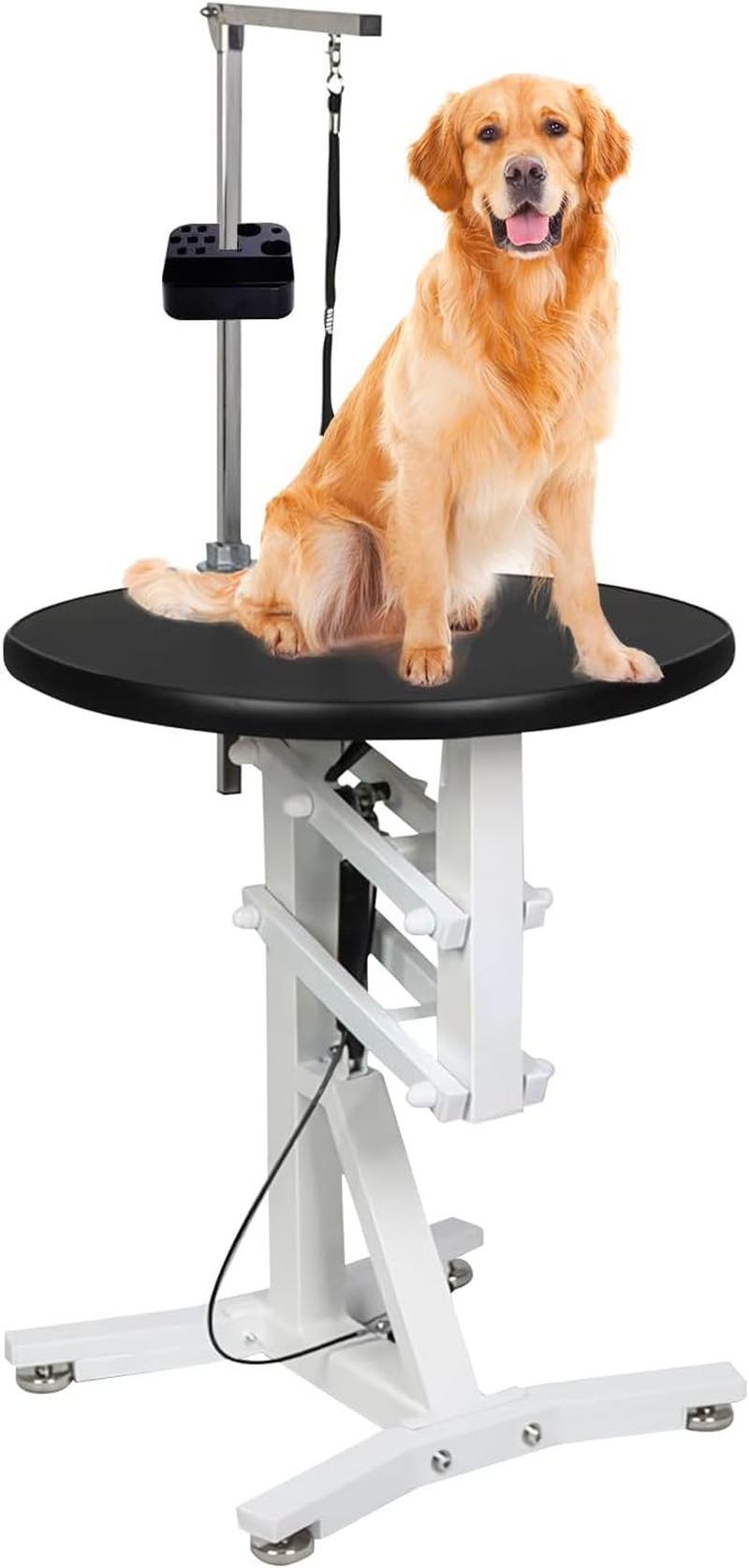 Pneumatic Lift Pet Grooming Table, Rotating Desktop Grooming Table, round Dog Cat Trimming Station with Toolbox Adjustable Overhead Arm and Table Height Max Load 110Lbs image number 4