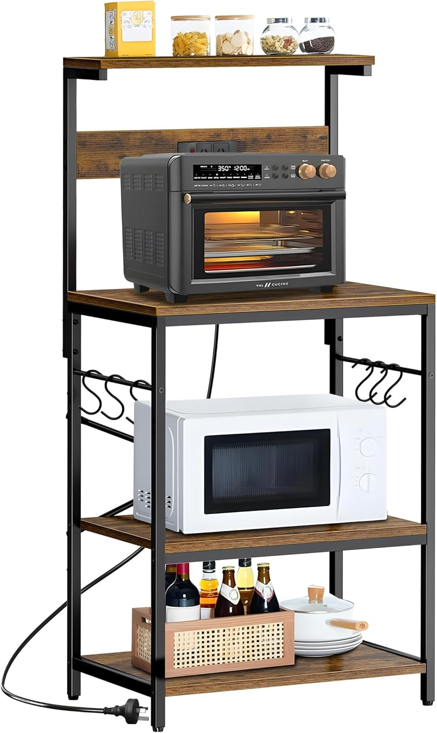 Kisfam Bakers Rack with Storage & Power Outlet - 4-Tier Kitchen Shelf with 6 Hooks, Microwave Stand & Coffee Bar Organizer, Rustic Brown Steel & Wood Storage Shelf image number 5