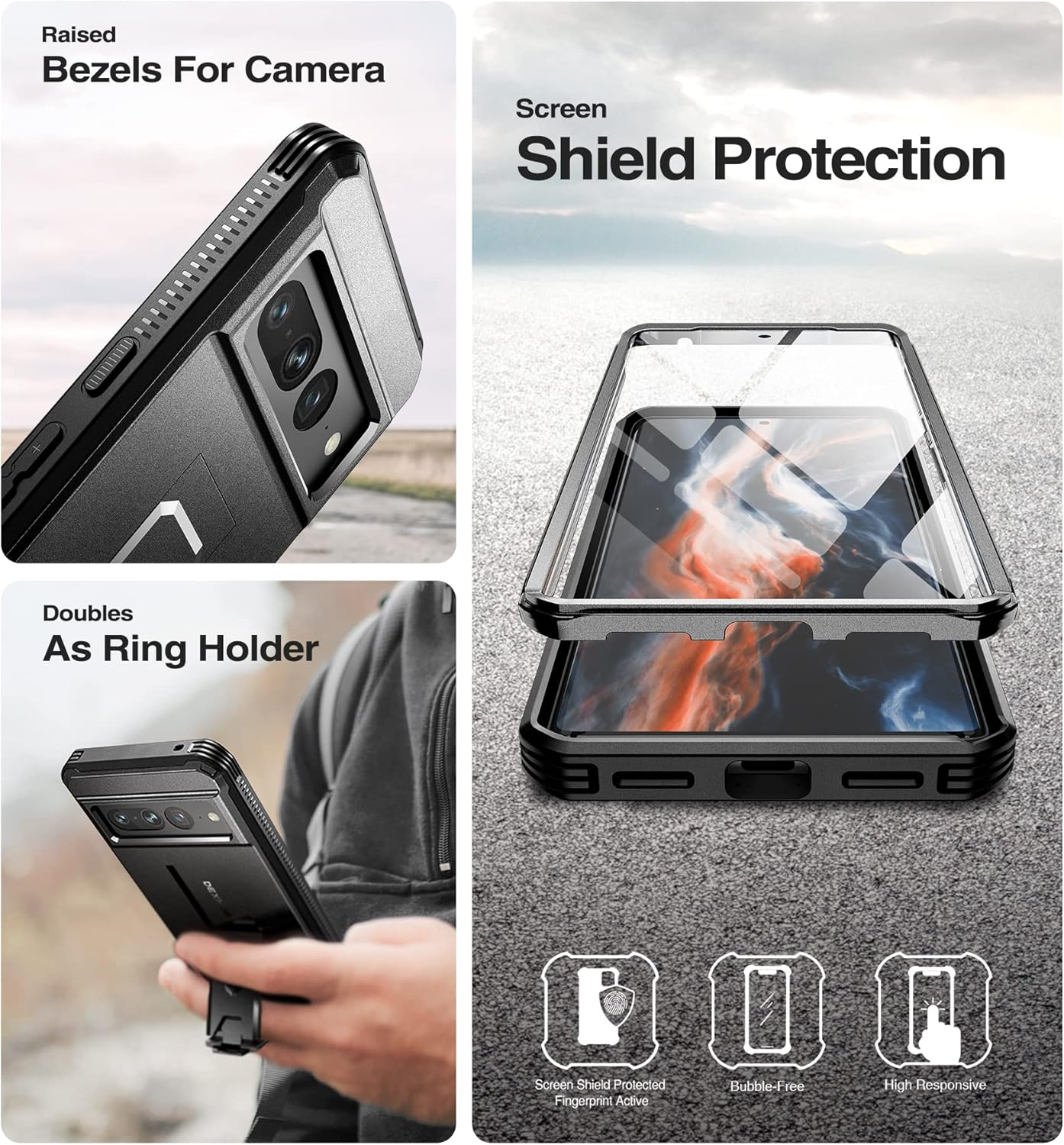 DEXNOR for Google Pixel 7 Pro 5G Case, [Built in Screen Protector and Kickstand] Heavy Duty Military Grade Protection Shockproof Protective Cover for Samsung Google Pixel 7 Pro 5G - Black - Black image number 4