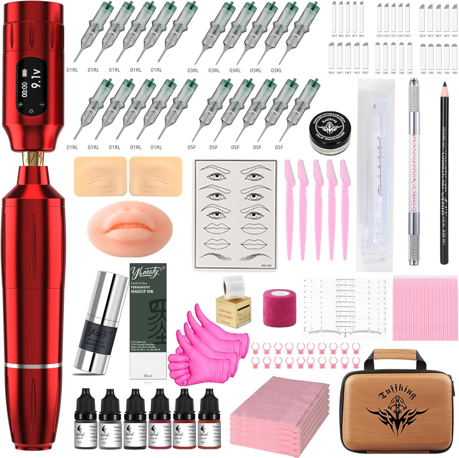 Eyebrow Microblading Tattoo Gun Kit - Professional Tattoo Pen & Brow Pencil Set for Microblading Supply, Semi-Permanent Makeup Tattoo Machine with 1,300 Mah, 50Pcs Needles for Artists Starter (Red, TP39) image number 2