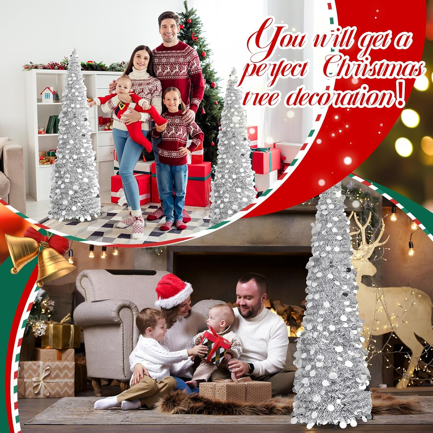 Leyndo Collapsible Artificial Christmas Tree - Pencil Pop up Tinsel Sequined Tree for Home & Fireplace Decoration image number 5