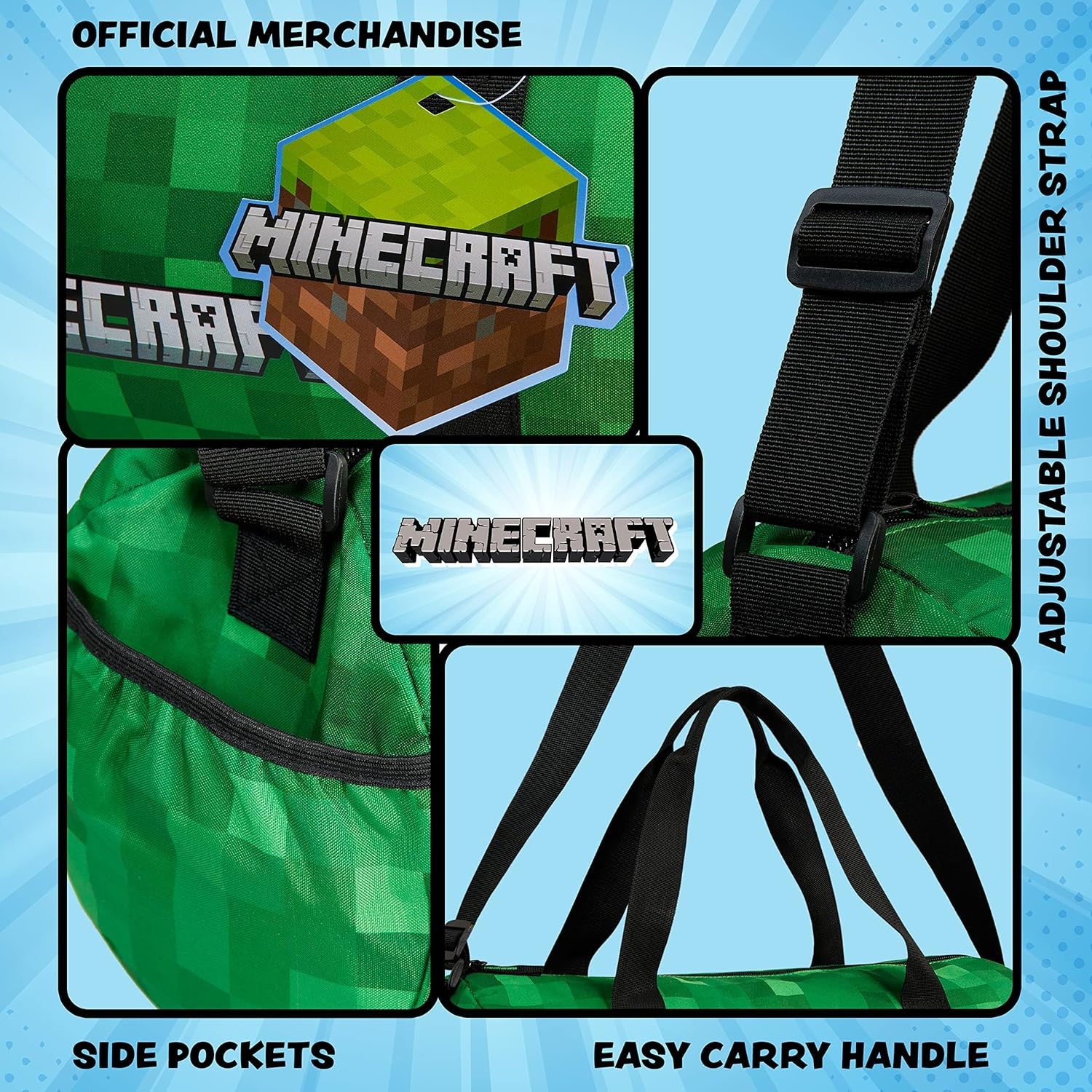 Minecraft Gym Bag for Kids Teens Travel Overnight Sports Duffle Bag Adjustable Strap Kit Bag Large Holdall Gamer Hand Luggage Bag, Green, 41X19X18Cm, Duffle Bag image number 1