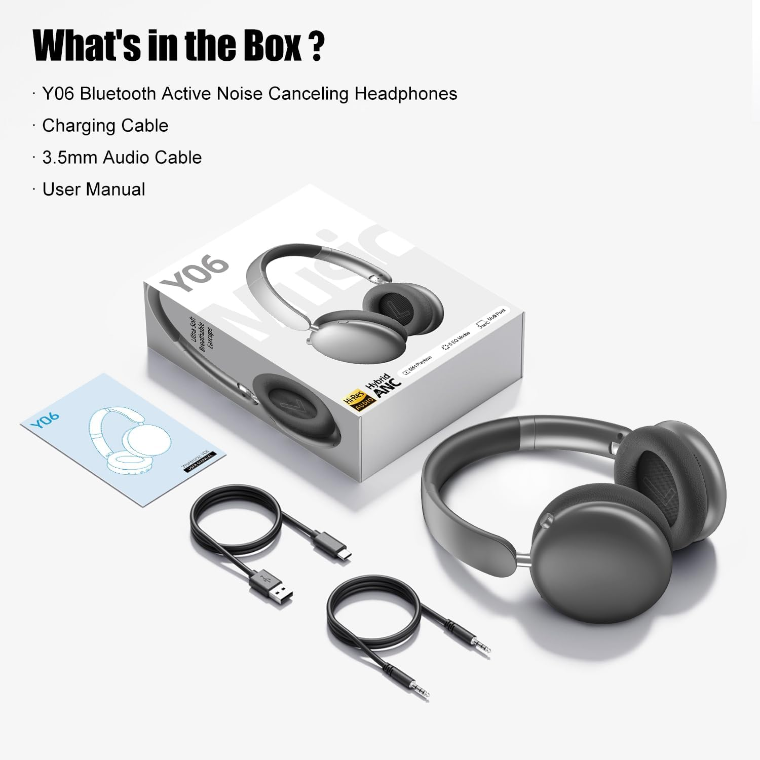 Y06 Wireless over Ear Headphones, Noise Canceling Bluetooth 5.3 Headphones with Eq,Hi-Res Audio,48H Playtime-Grey image number 6