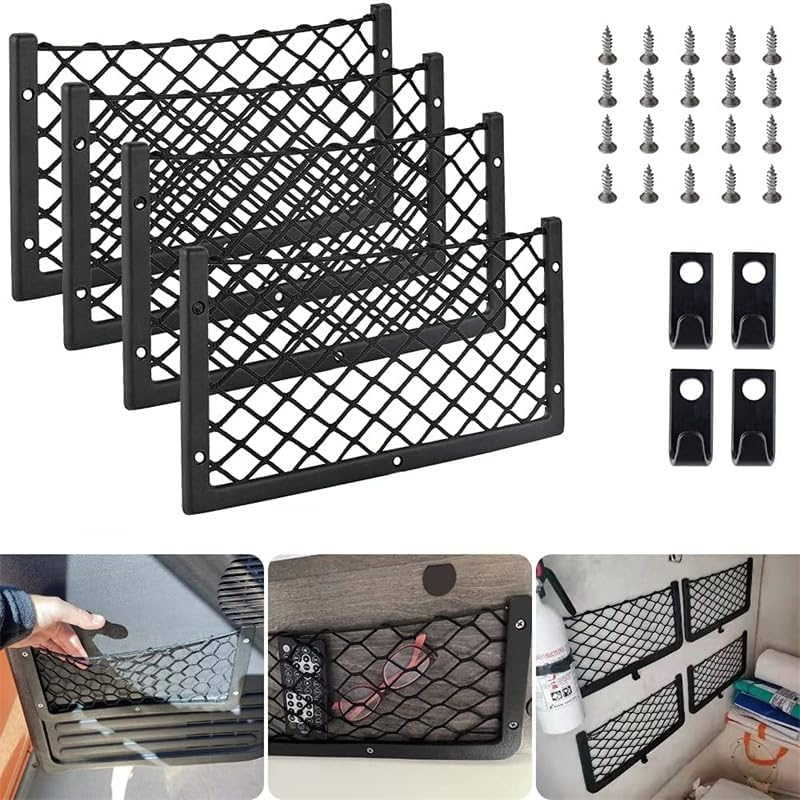 4Pcs Frame Car Storage Cargo Net Bag, Car Net Pocket Organizer Car Seat Mesh Pocket Framed Mesh Net Pocket with Screws for Cargo Net Caravan Motorhome Boat Storage Net Campervan Van Storage image number 2
