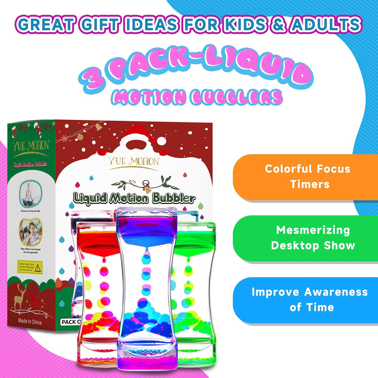 YUE ACTION Liquid Motion Bubbler Timer for Sensory Toys,Children Activity, Calm Relaxing Desk Toys, Anxiety Toys, Autism Toys, ADHD Toys, Assorted Colors, Pack of 3 (Style#3) - Blue/Pink image number 4