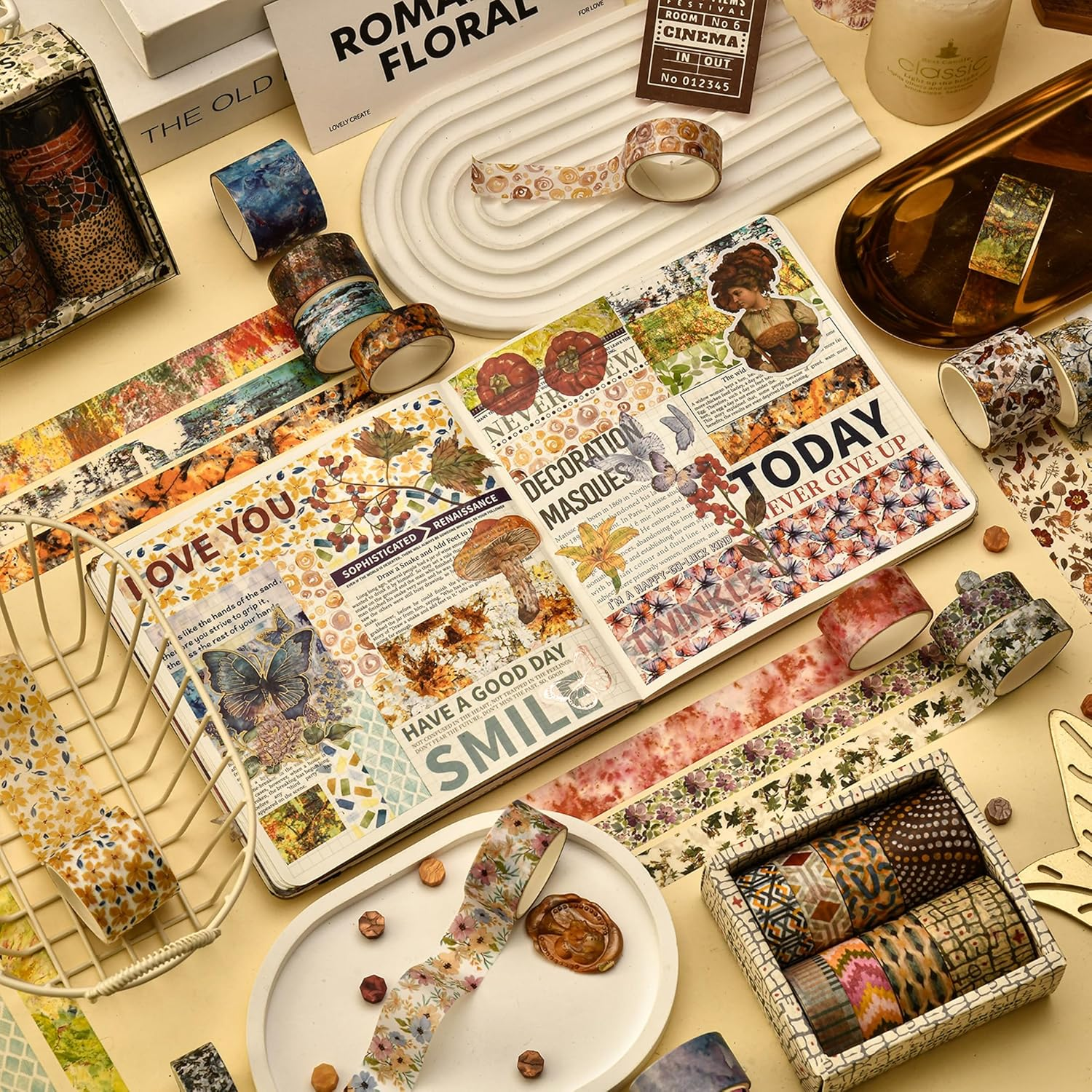 8 Rolls Retro Washi Tape Set Vintage Arts Adhesive Tapes Wide Painting Patterned Decorative Masking Tape Sets for Craft, Kids, Scrapbook, DIY, Gift Wrapping (Flowers & Plants)