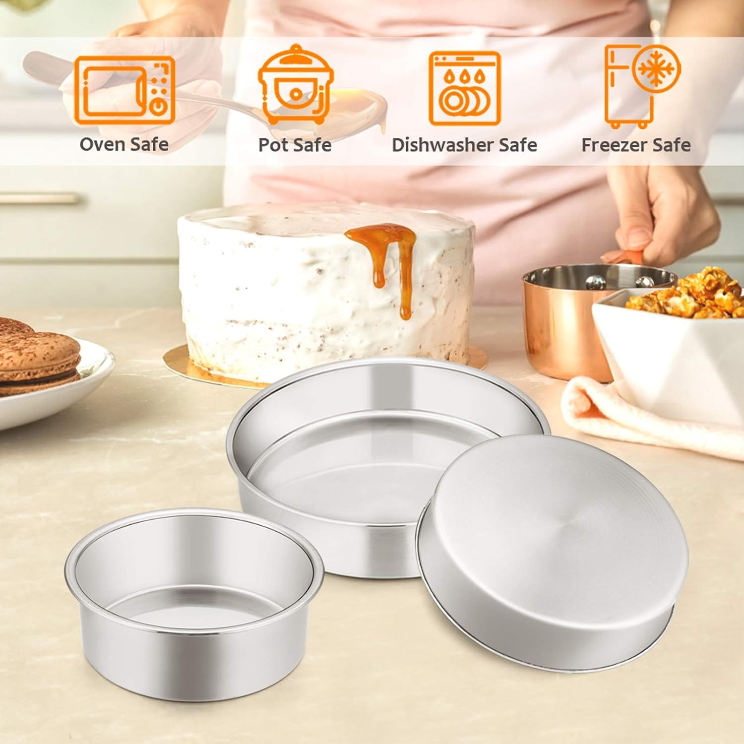 Cake Pan Set of 3 (4 Inch/6 Inch/8 Inch), E-Far Stainless Steel Small round Layer Cake Baking Pans, Perfect for Tier Smash Cake, Non-Toxic & Healthy, Mirror Finish & Dishwasher Safe image number 1