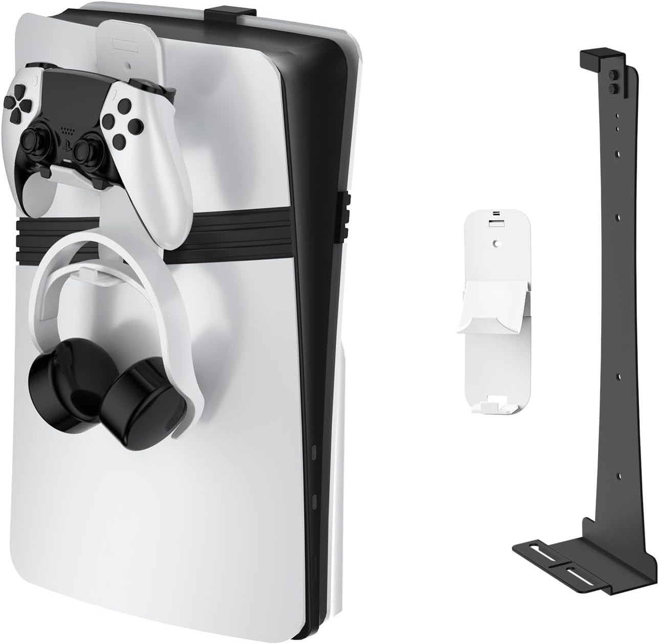 Wall Mount for PS5/ PS5 Slim/ PS5 Pro Console, Sturdy Steel Vertical Wall Mount Bracket Kit with Controller Holder & Headphone Storage Hanger for PS5 Slim Pro (White)