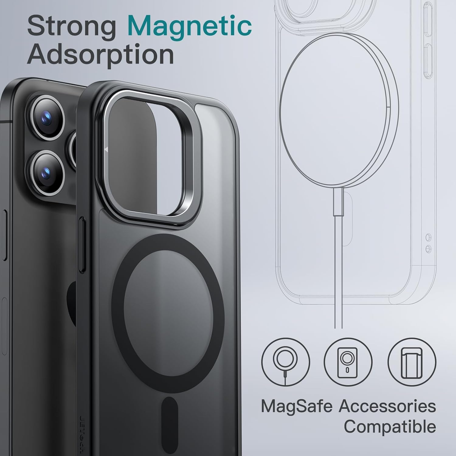 Jetech Kickstand Case for Iphone 15 Pro Max 6.7-Inch Compatible with Magsafe, Built-In Adjustable Camera Stand, Translucent Matte Magnetic Back Slim Shockproof Phone Cover (Black Titanium) - Natural Titanium image number 2