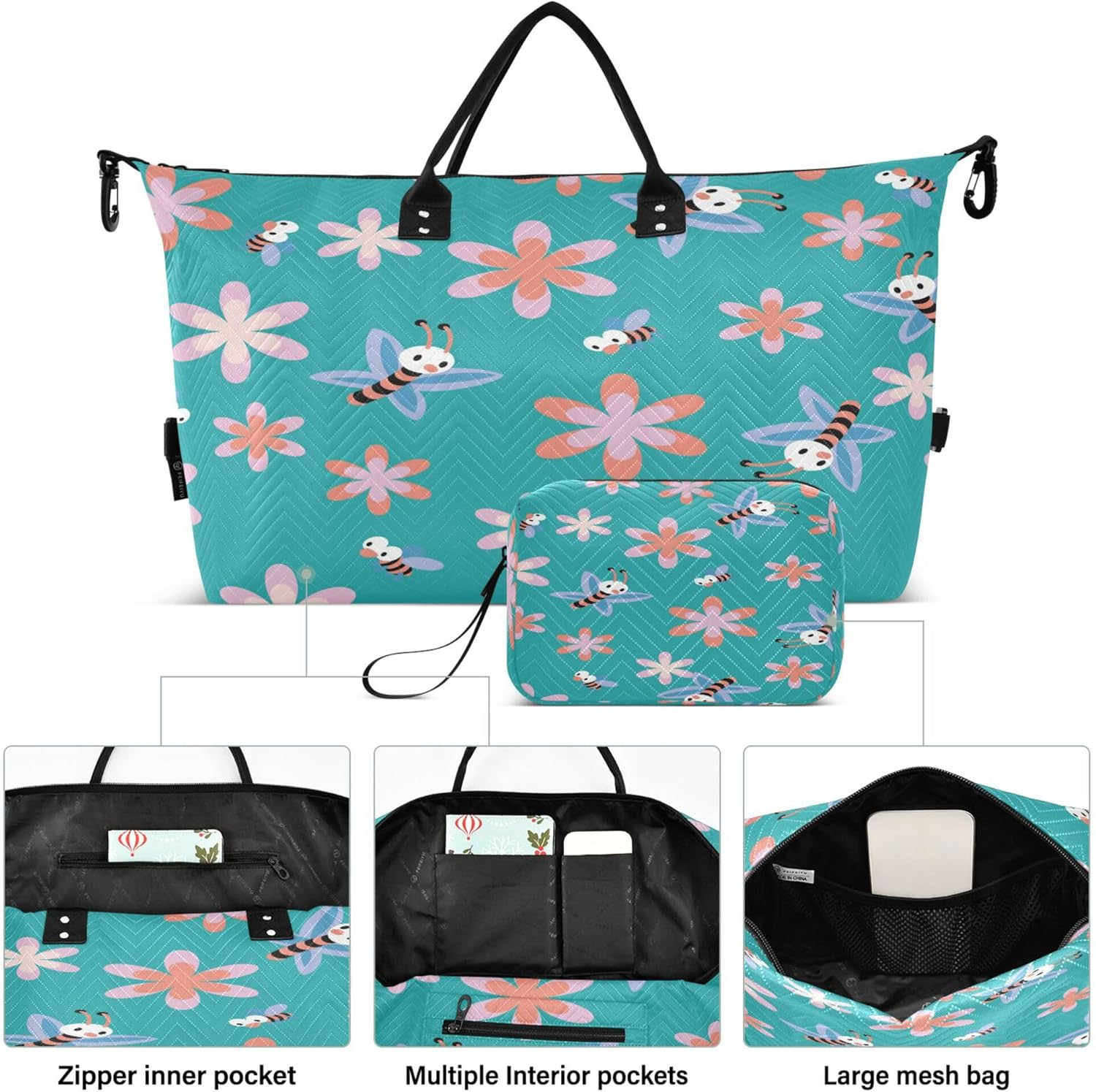 Duffel Bags Workout Bag Travel Weekender Gear Bag with Adjustable Strap for Trekking Multifunctional Bee Cartoon Turquoise Flower, Multi, One Size, Modern/Fitted, Multi, One Size, Modern/Fitted image number 6