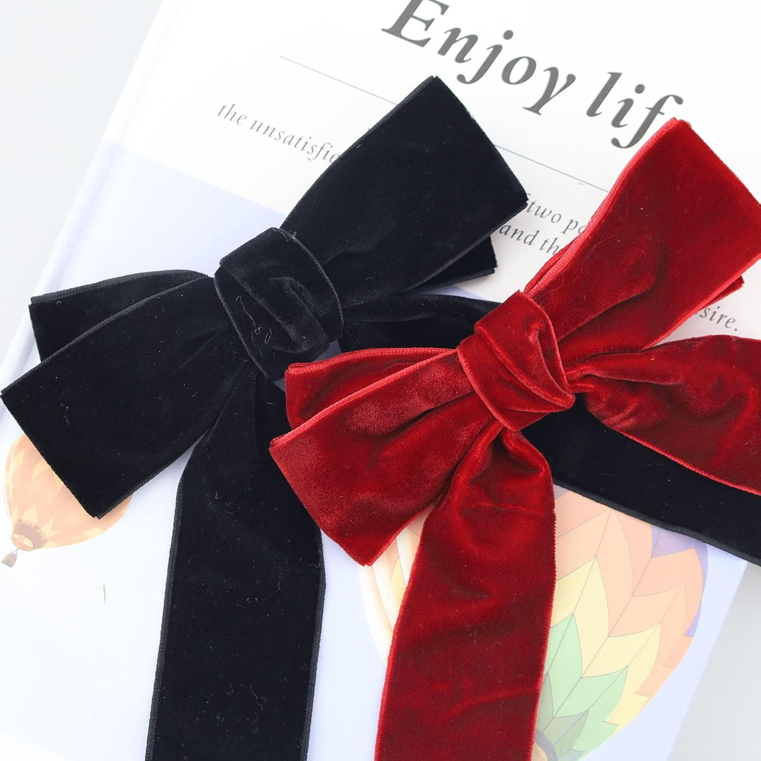 2Pcs Velvet Bow Hair Clip,Large Satin Ribbon Bow Hairpins,Bows Hair Barrettes Fastener French Hair Bows with Long Ribbon Vintage Party Hair Accessories Women Girls Gifts 2PCS (Black & Red Velvet) image number 2