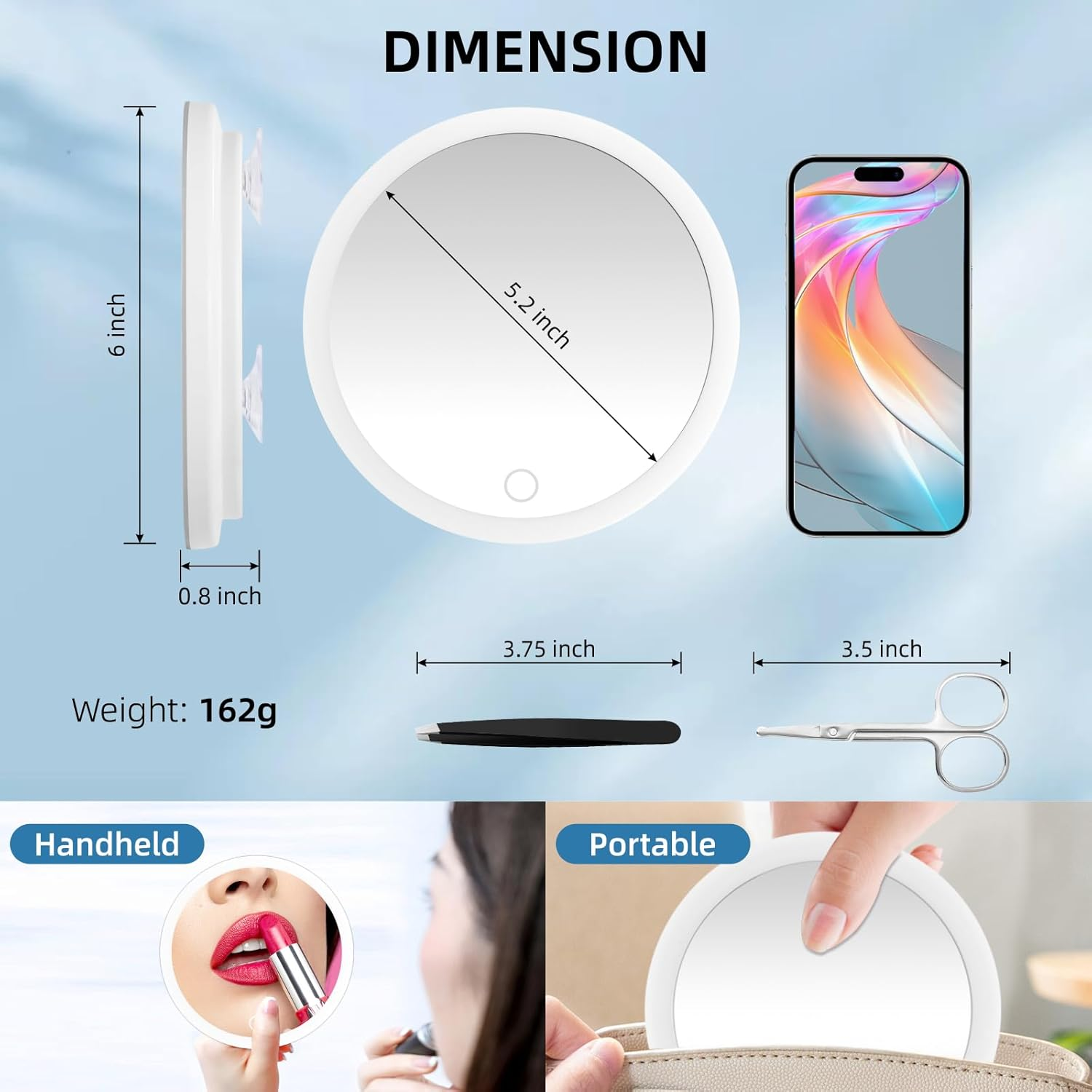 20X Magnifying Mirror with Light, Large 6Inch 20X Makeup Magnification, Travel Magnified Mirror with 3 Color Lights & Suction Cups, with Tweezers and Scissors - Perfect for Makeup & Close-Up Tasks image number 5