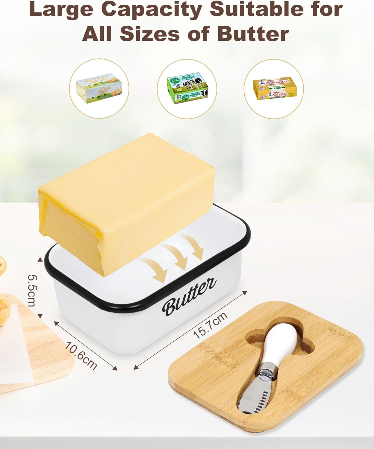 Butter Dish with Lid for Countertop, AISBUGUR Metal Butter Keeper, Includes Stainless Steel Multipurpose Butter Knife, Large Silicone-Enhanced Butter Container, Perfect Kitchen Gift - White image number 5