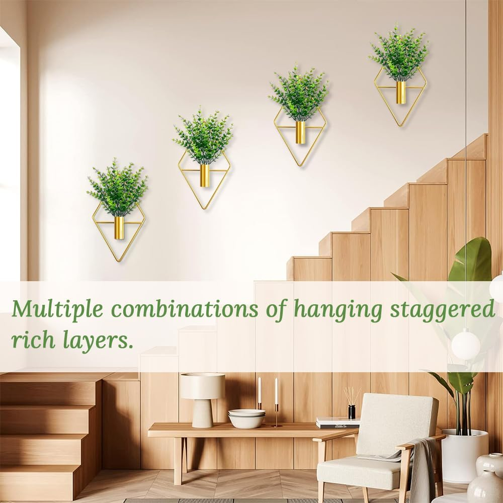 4 Pieces Plant Wall Decor, Hanging Metal Geometric Flower Stand, Home Decor, Indoor Artificial Plants for Home, Bedroom, Living Room, Office, Porch (Gold) image number 3