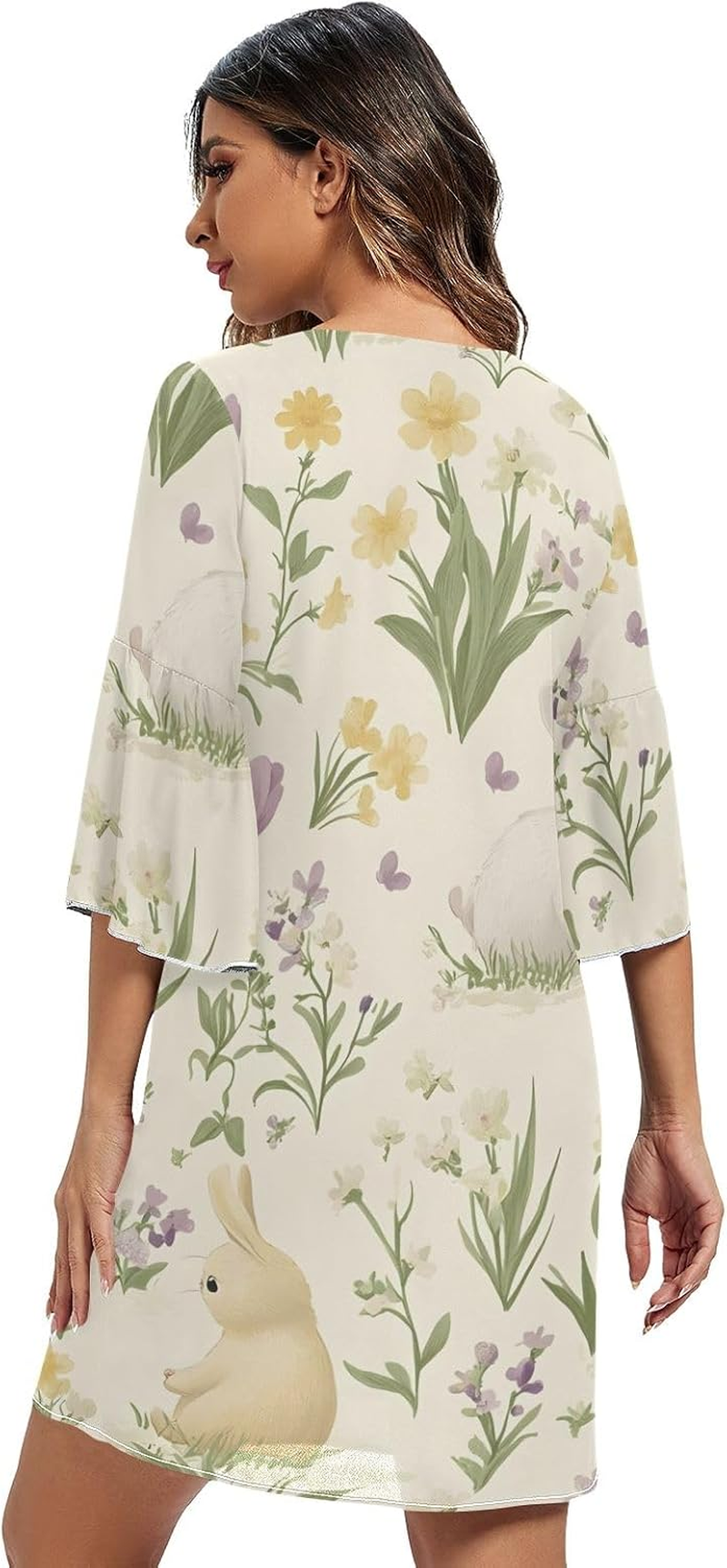 Easter Rabbits Cute Flowers Ladies Chiffon Dress 3/4 Sleeve Maternity Dress Party S-XXL